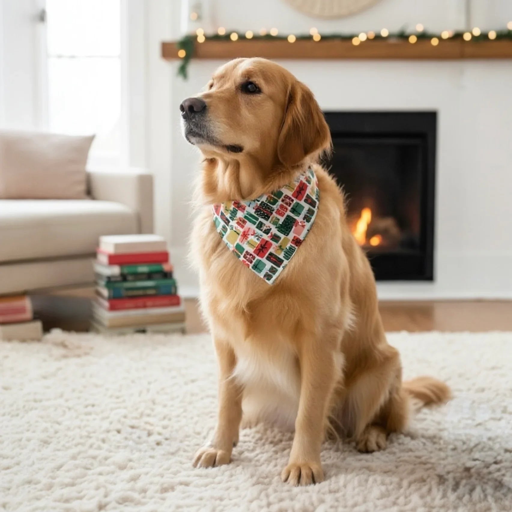 Golden retriever wearing a festive Christmas bandana with gift print indoors by a fireplace
