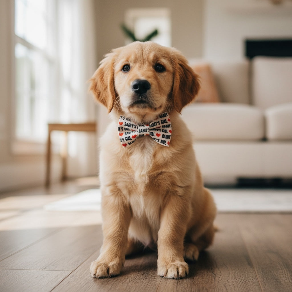 Golden retriever puppy wearing a “Daddy's Girl” Valentine's Day Dog Bow Tie for Dog Collar and Cat Collar