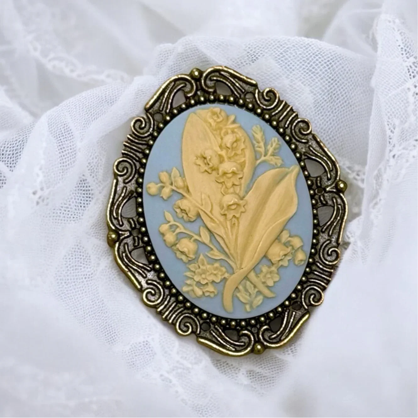 Lily of the Valley Brooch, Light Blue May Flower Cameo Brooch