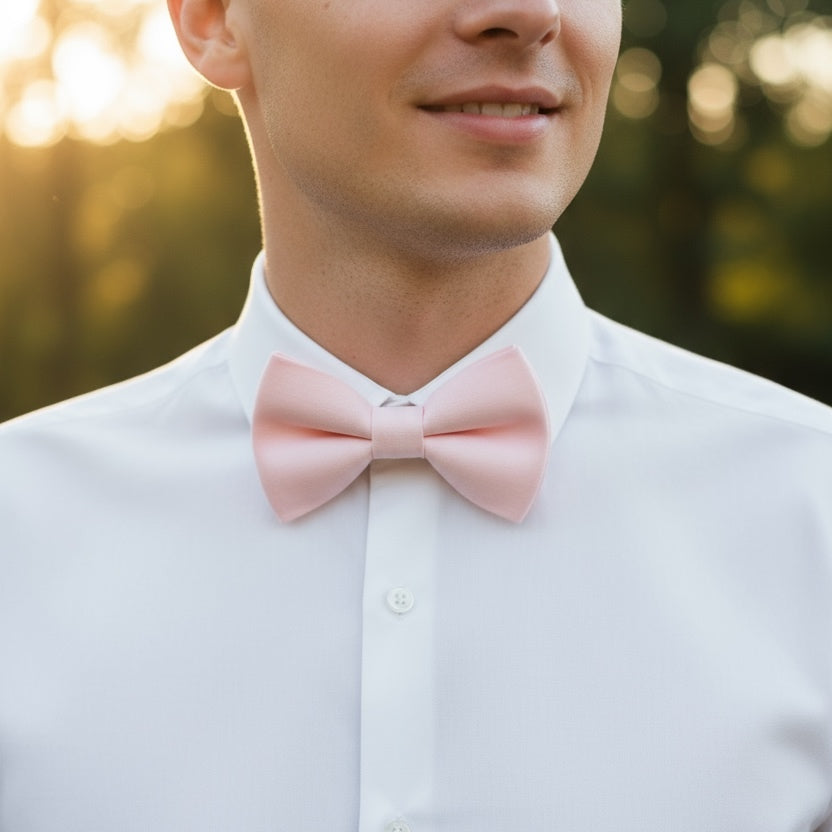 Blush Bow Tie being worn by a groomsman in a wedding.