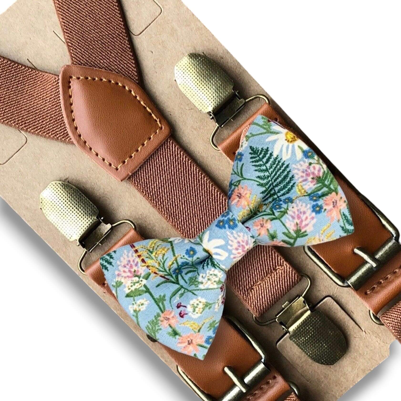 Wildflower Dusty Blue Bow Tie and Suspenders Set- Rifle Paper Co Fabric