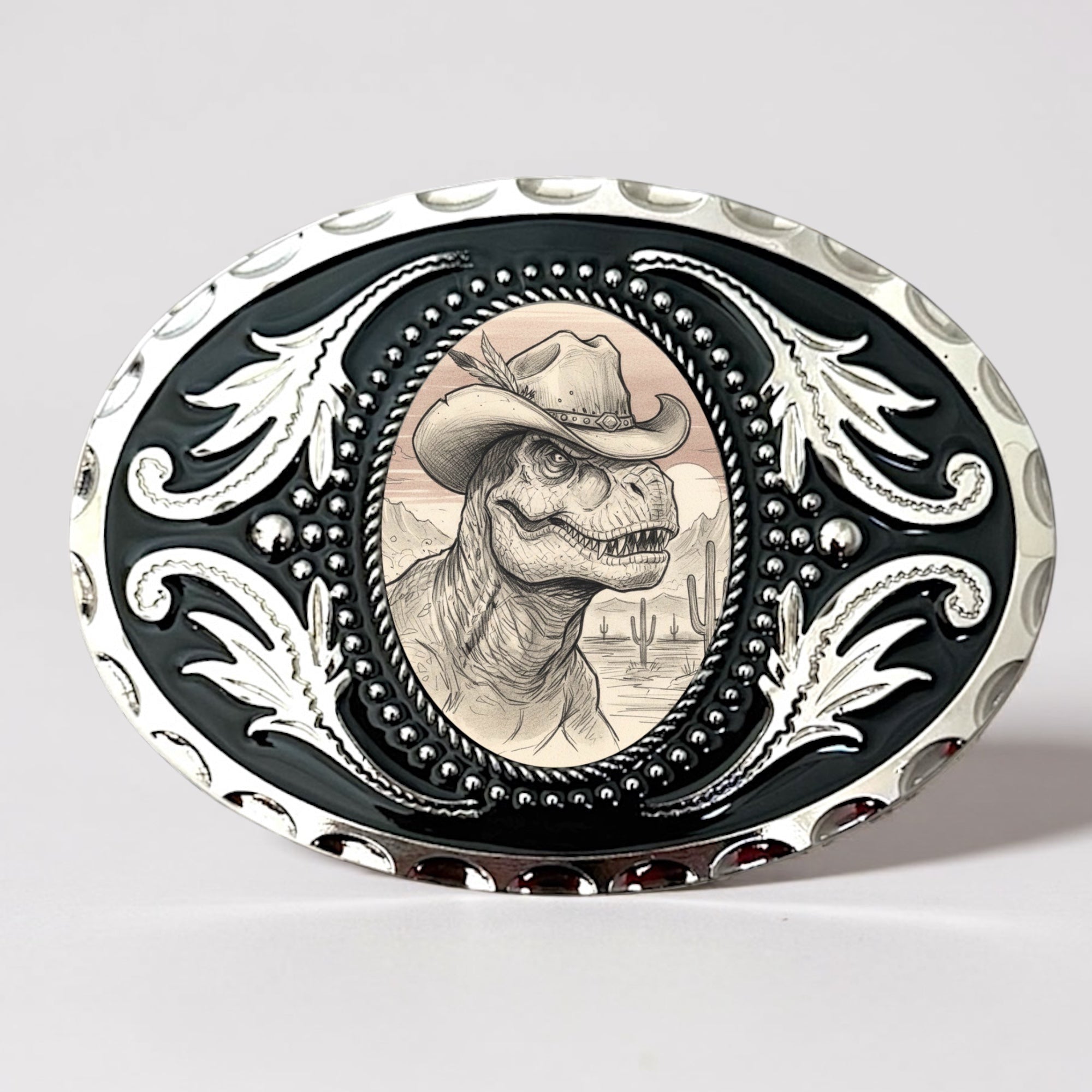 Close-up of a silver and black oval Western belt buckle featuring a T-Rex dinosaur wearing a cowboy hat in a desert landscape.