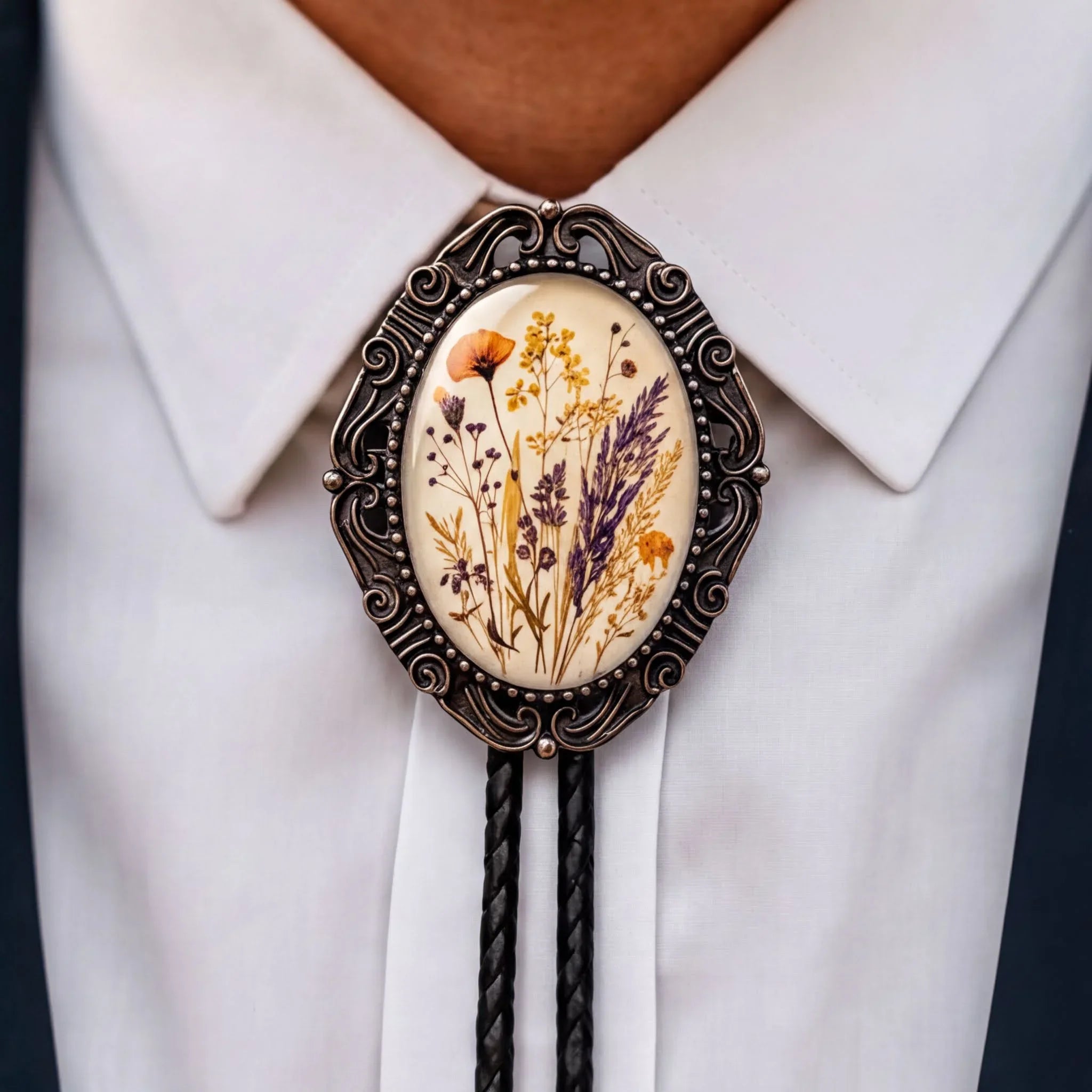A close-up of a person wearing a white collared shirt with a decorative flower pendant on the front.