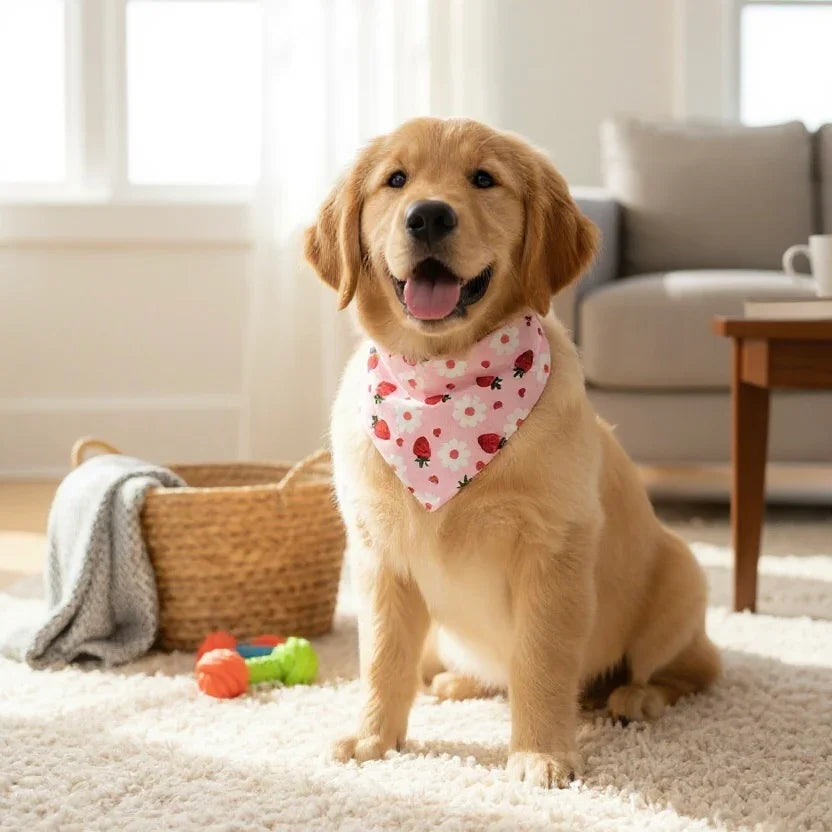 Dog bandana with pink and red strawberries.