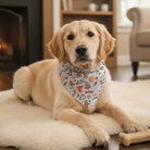 Dog wearing a Christmas bandana in a cozy living room
