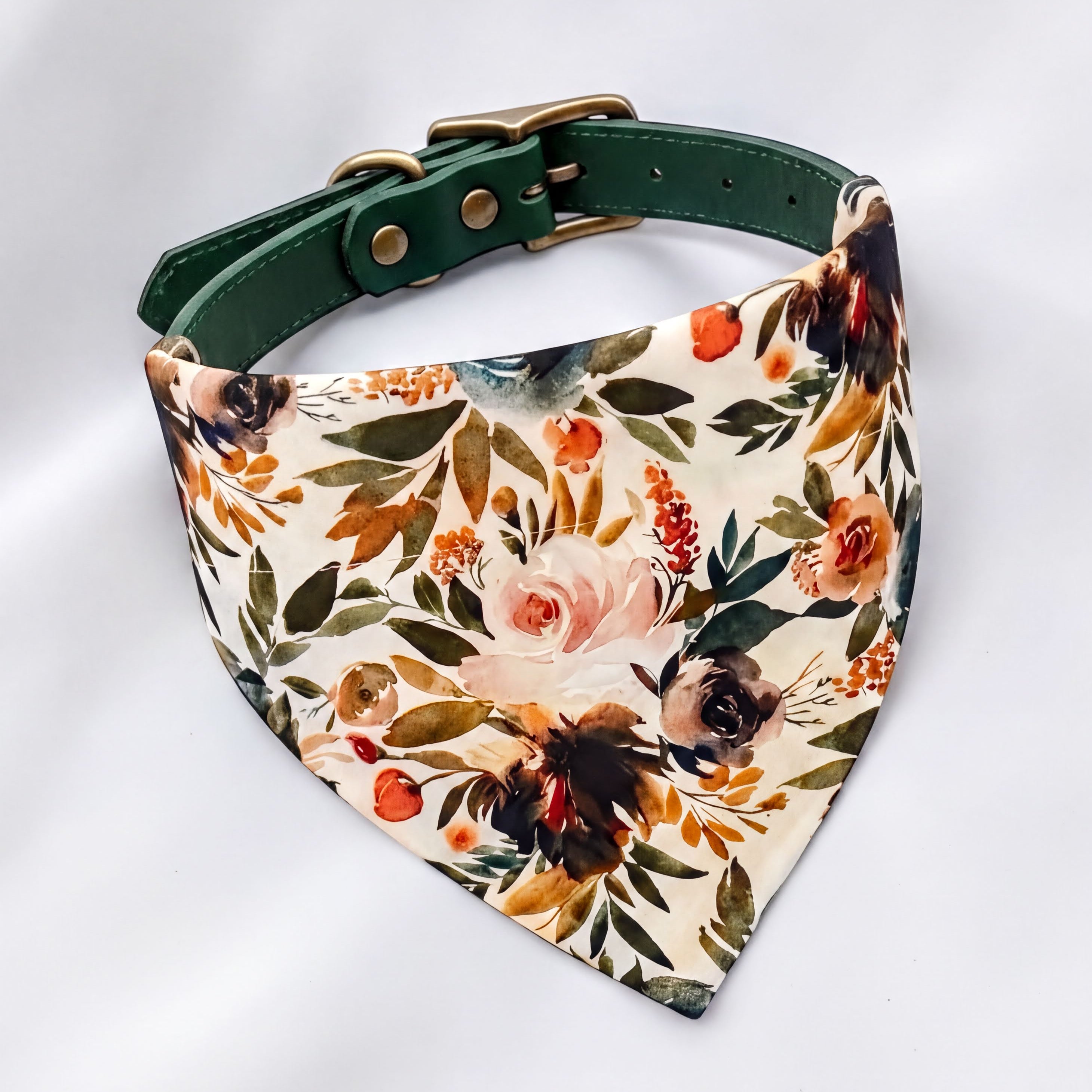 Ivory and terracotta floral dog bandana with a slip-on over the collar design