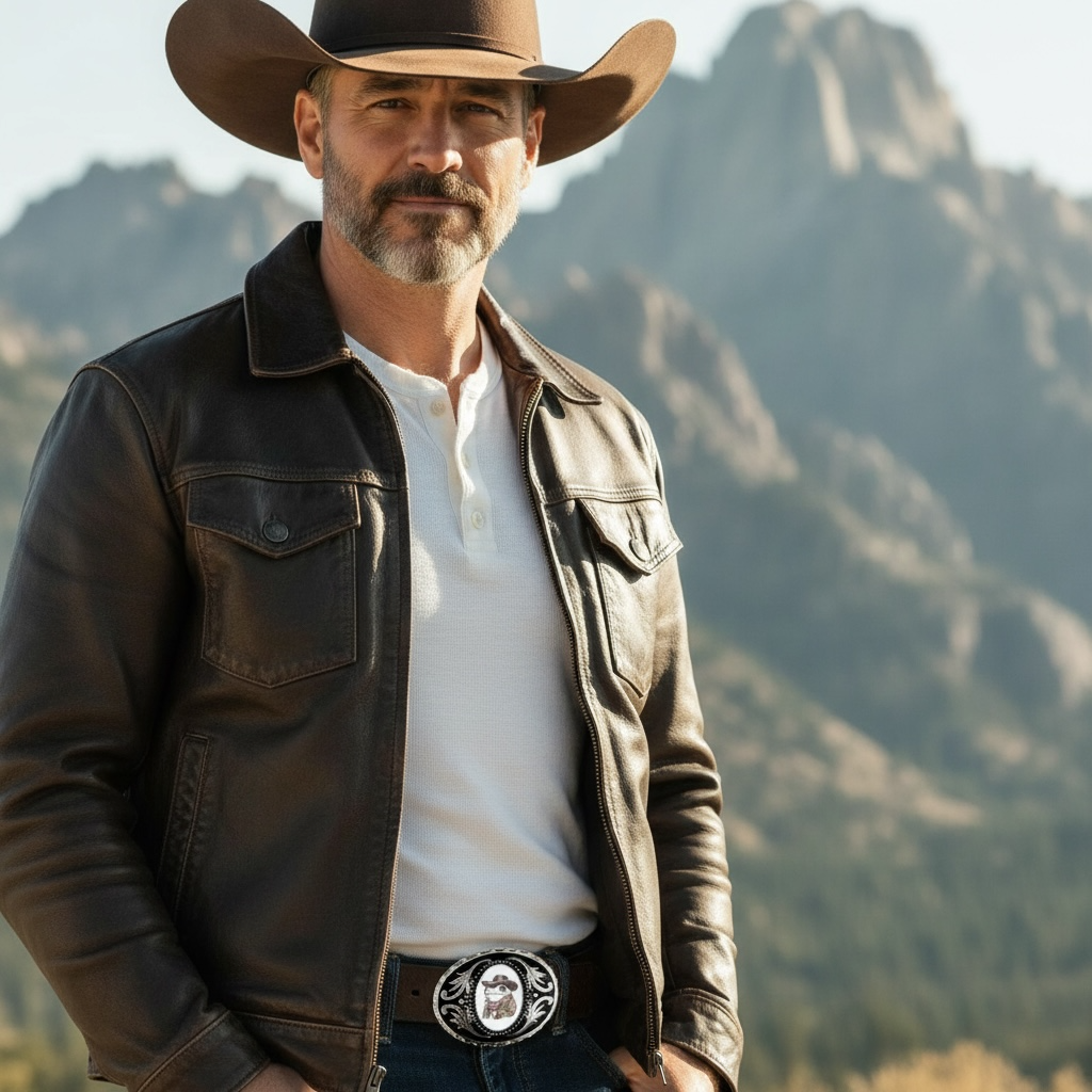 Cowboy wearing a cowboy hat, leather jacket and vintage frog belt buckle with mountains in the background