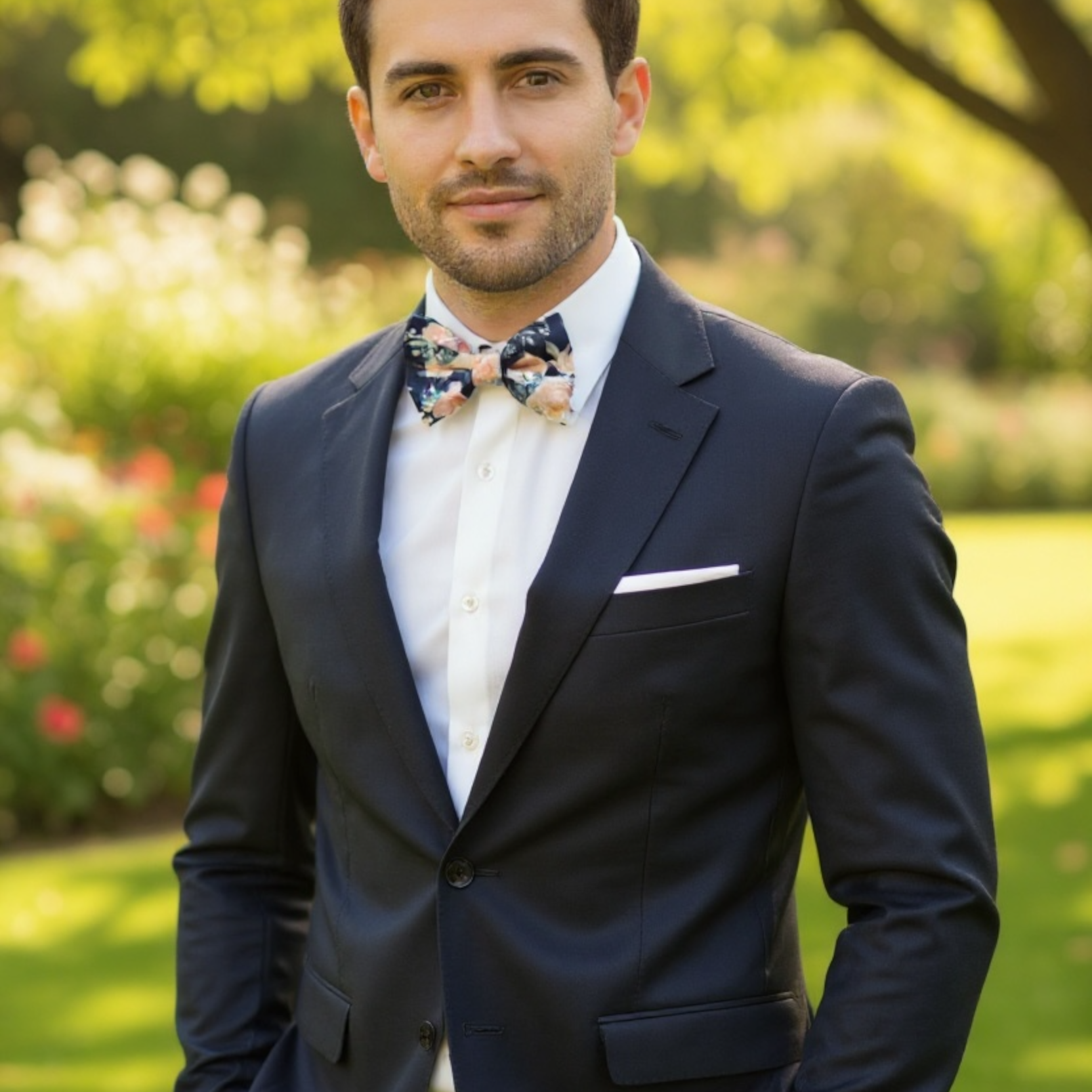 Groomsman wearing a Navy & Pink Floral Bow Tie