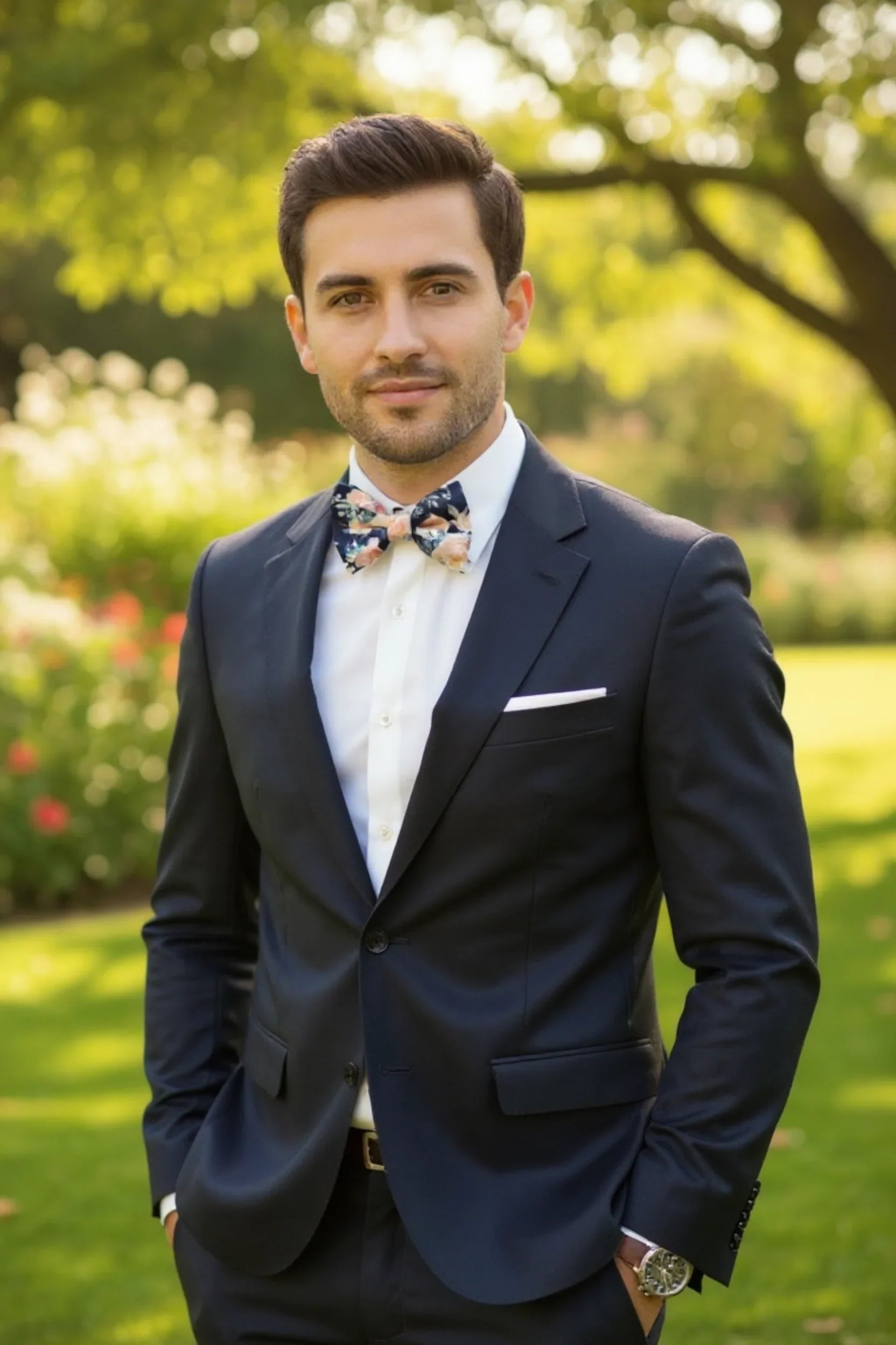 Size chart for pre-tied bow ties from The Bold Bow Tie detailing measurements across three sizes. Small is 3.5 inches wide and recommended for ages 6 months to 5 years. Medium is 4 inches wide and recommended for ages 6 to 12 years. Large is 4.5 inches wide and recommended for ages 13 years and up. Visual icons illustrate the relative sizes with horizontal arrows showing that width is measured from wingtip to wingtip. Bottom text notes that all bow ties are pre-tied and ready to add to your outfit.