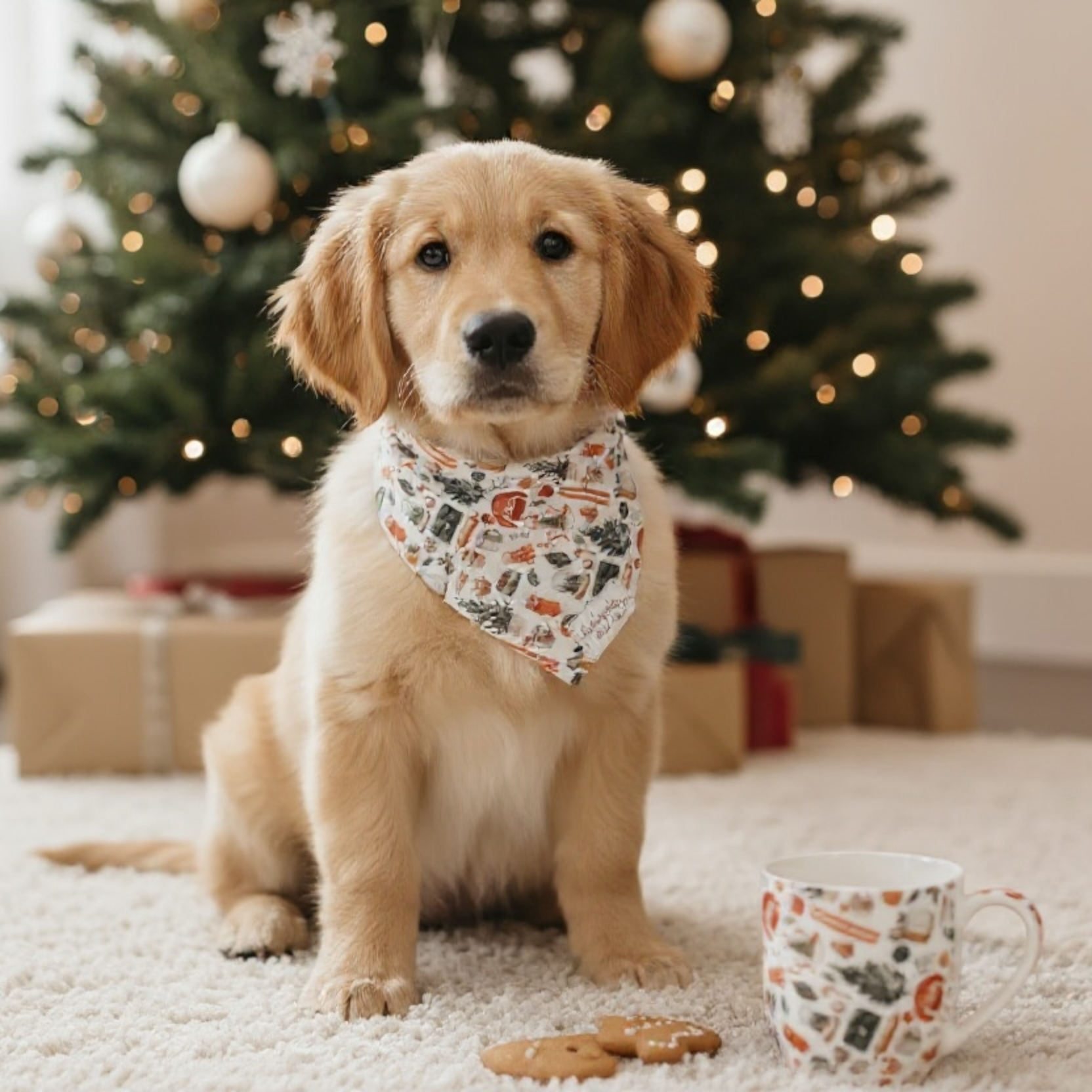 Dog wearing a Christmas bandana sitting on a carpet with a decorated Christmas tree in the background.