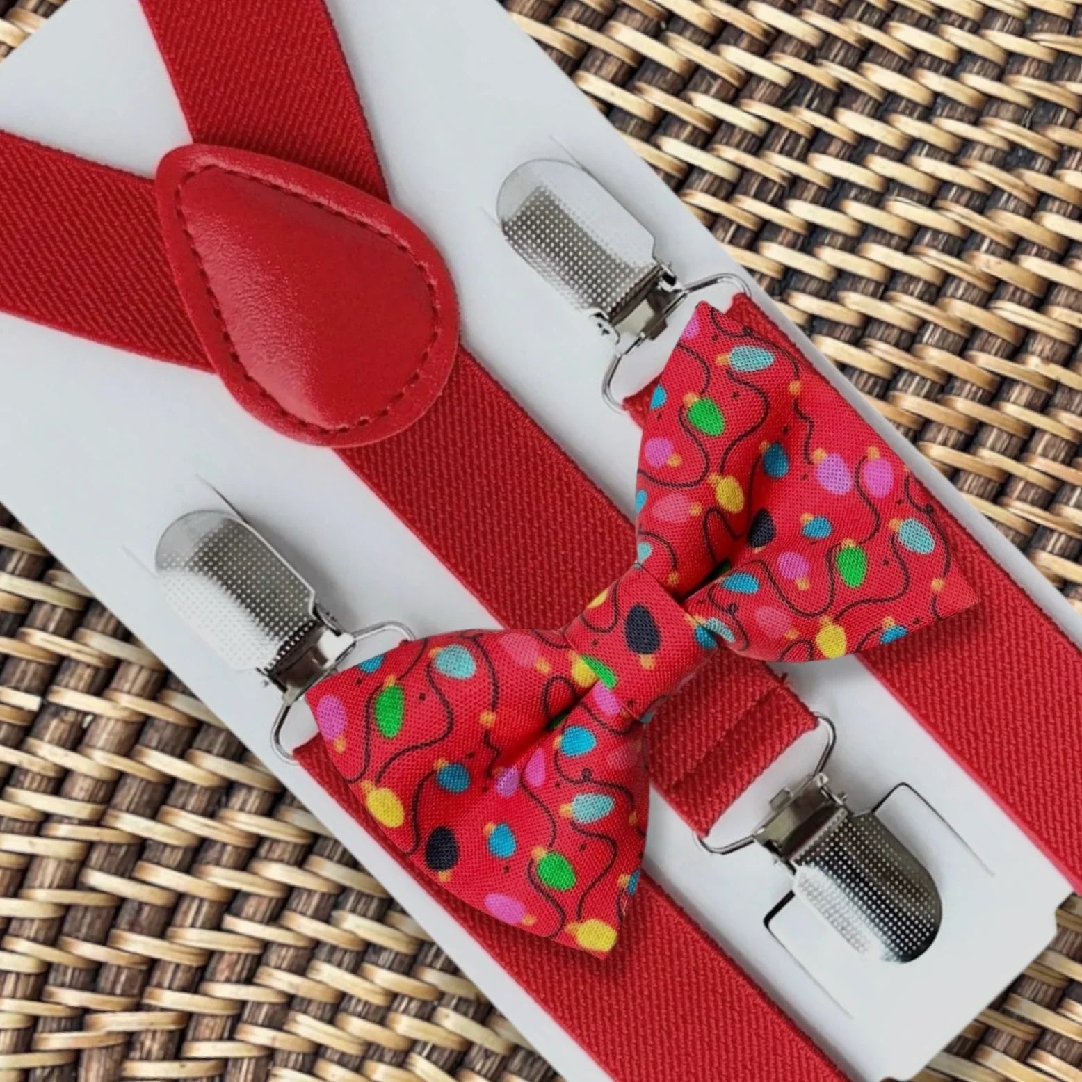 Christmas Bow Tie & Red Suspenders Set- Red Christmas Lights