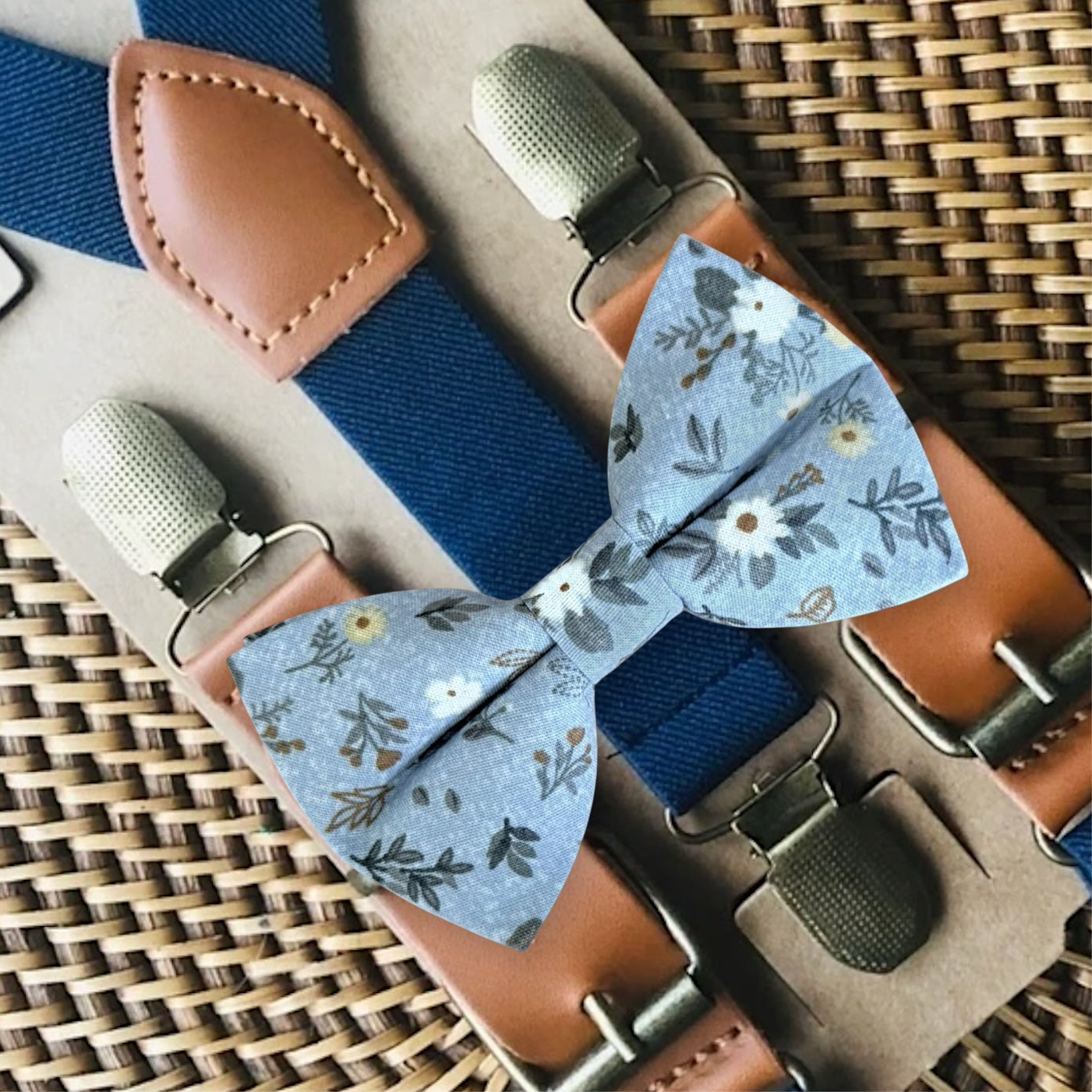 Blue Floral Men’s Bow Tie & Navy Suspenders for wedding, ring bearers and groomsmen.