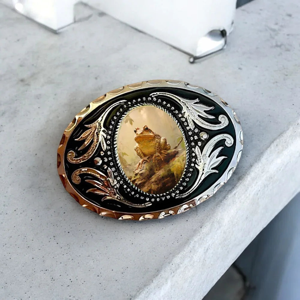Two options for belt buckles: Option 1 has a leaf pattern and option 2 has flowers on it
