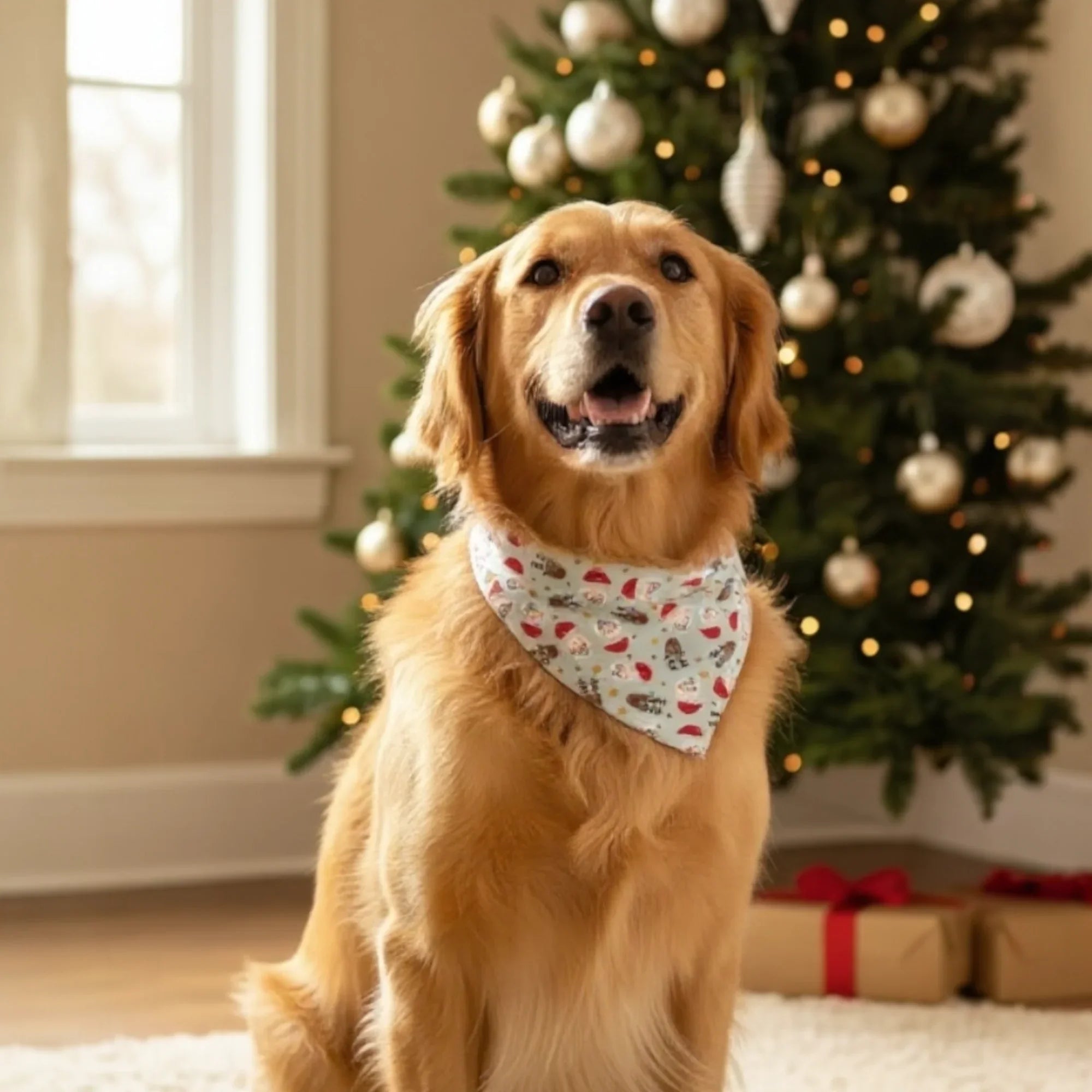 Christmas dog bow tie with Santa and reindeer worn by a dog sitting by a Christmas tree.