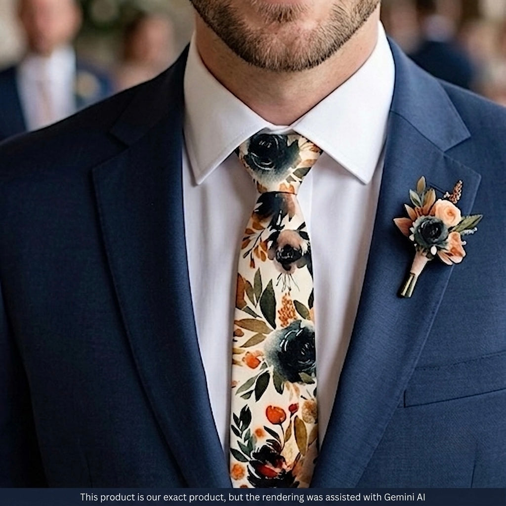 Man wearing a floral tie and suit with a boutonniere.
