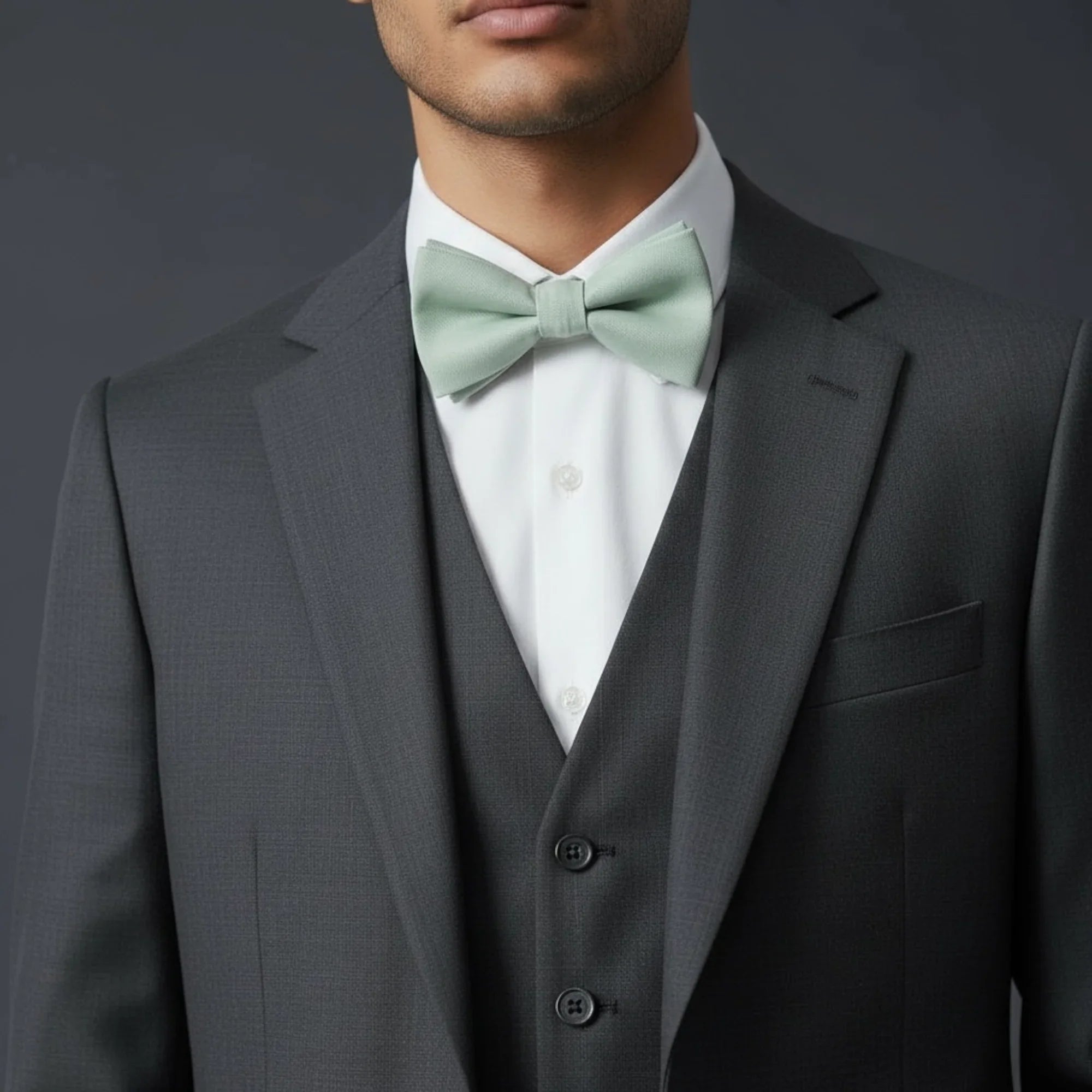 Size chart for pre-tied bow ties from The Bold Bow Tie detailing measurements across three sizes. Small is 3.5 inches wide and recommended for ages 6 months to 5 years. Medium is 4 inches wide and recommended for ages 6 to 12 years. Large is 4.5 inches wide and recommended for ages 13 years and up. Visual icons illustrate the relative sizes with horizontal arrows showing that width is measured from wingtip to wingtip. Bottom text notes that all bow ties are pre-tied and ready to add to your outfit.