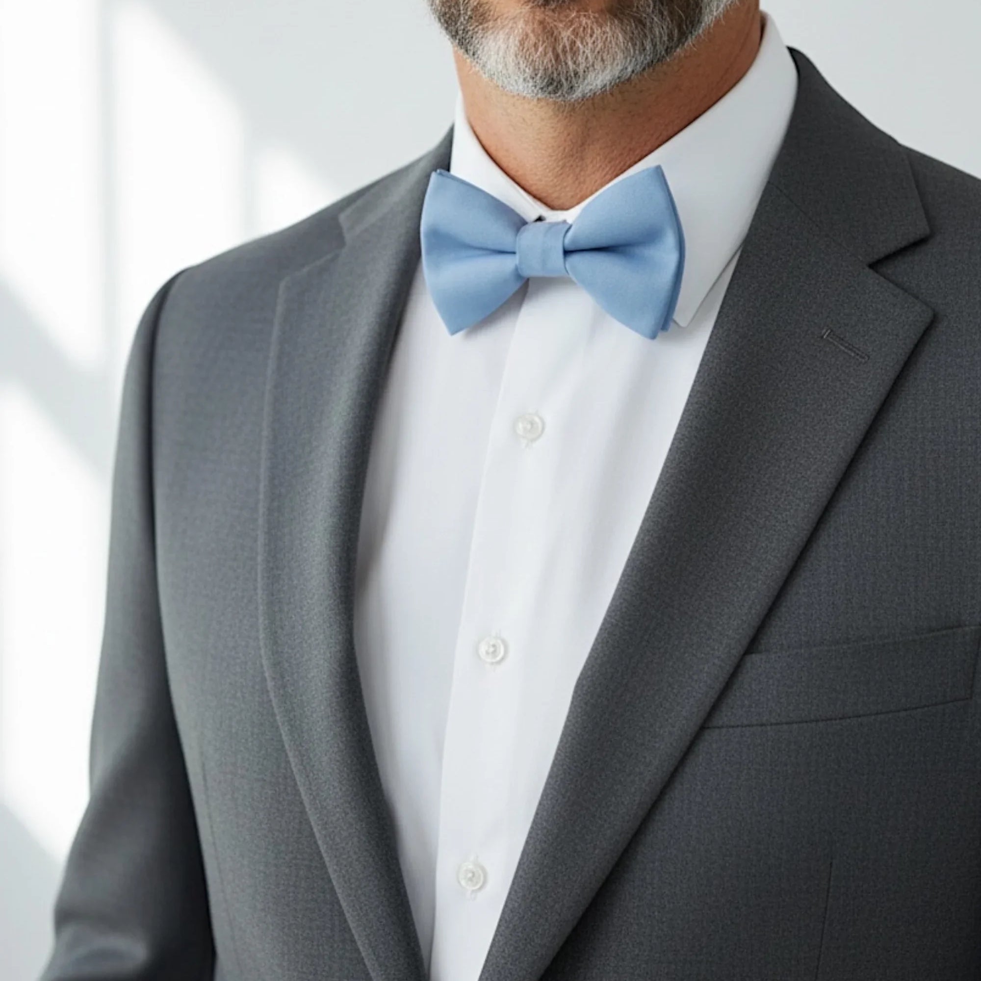 Dusty blue bow tie for men worn by a man in a gray suit at a wedding.