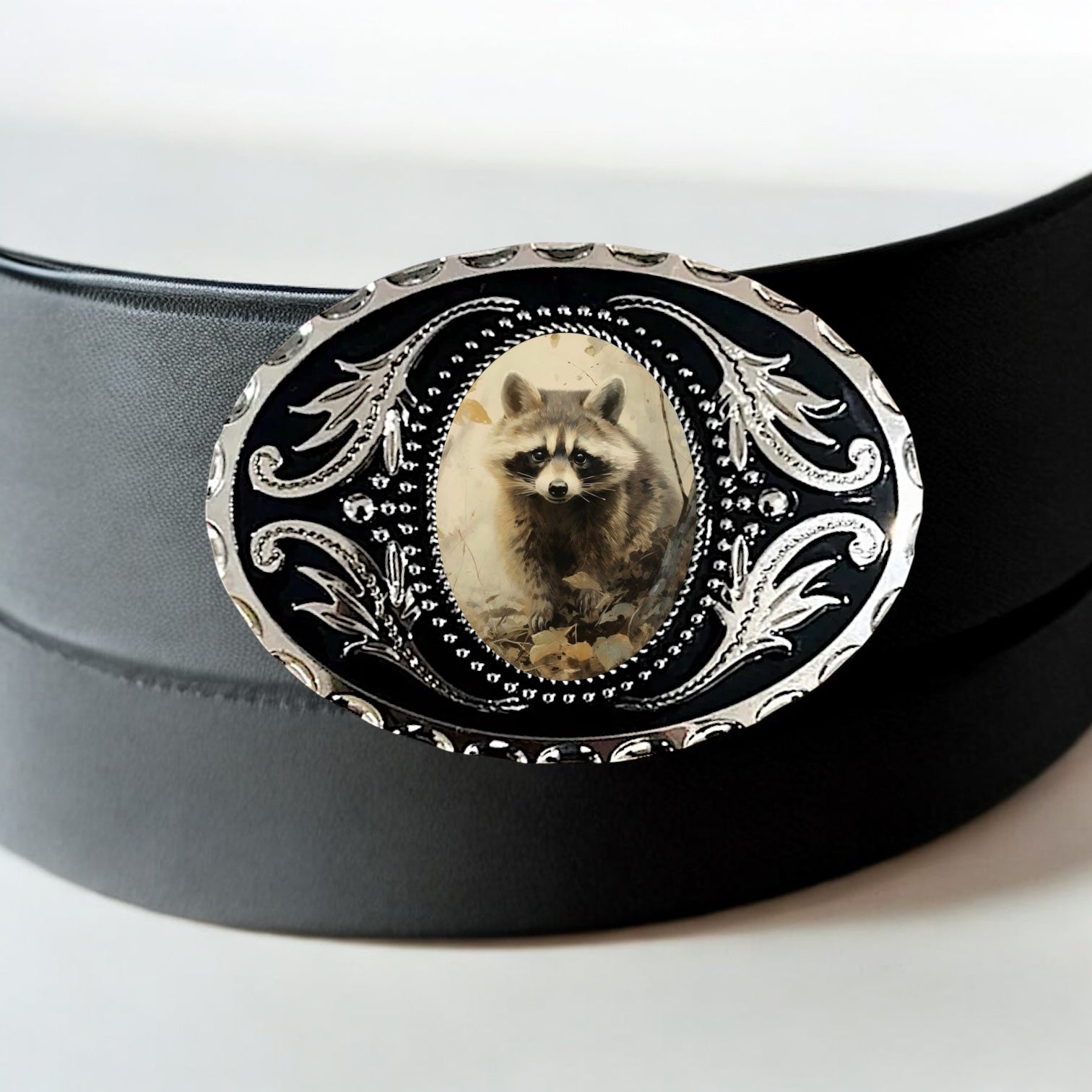 Silver Belt Buckle with raccoon, Western Cowboy Accessory on black belt