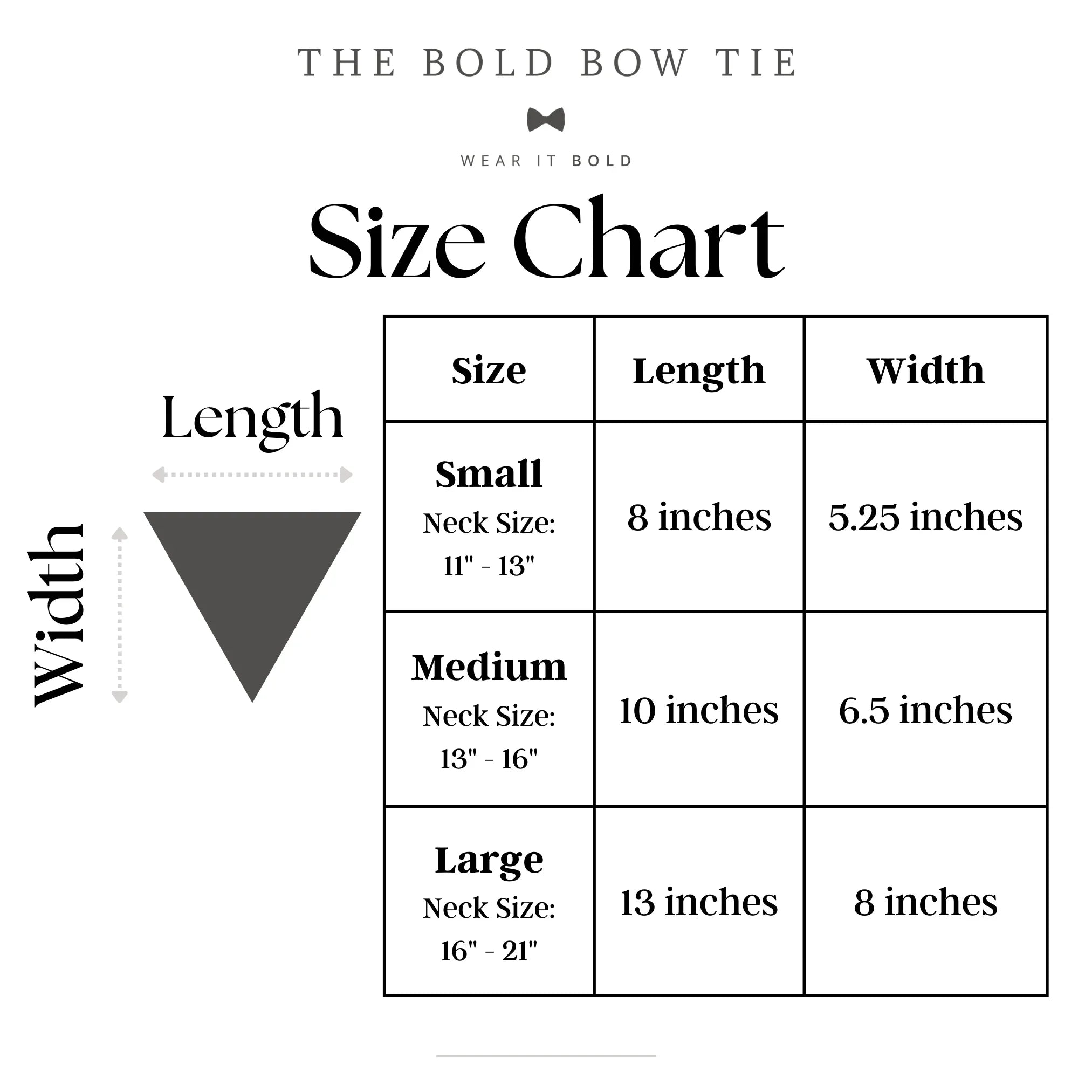 Size chart for dog bandanas from The Bold Bow Tie detailing measurements for Small, Medium, Large, and X-Large sizes. Small fits neck sizes 11 to 13 inches with a width of 7 inches and length of 5 inches. Medium fits neck sizes 13 to 16 inches with a width of 9 inches and length of 6 inches. Large fits neck sizes 16 to 21 inches with a width of 11 inches and length of 8 inches. X-Large fits neck sizes 21 to 25 inches with a width of 13 inches and length of 9 inches. A visual diagram on the left shows width