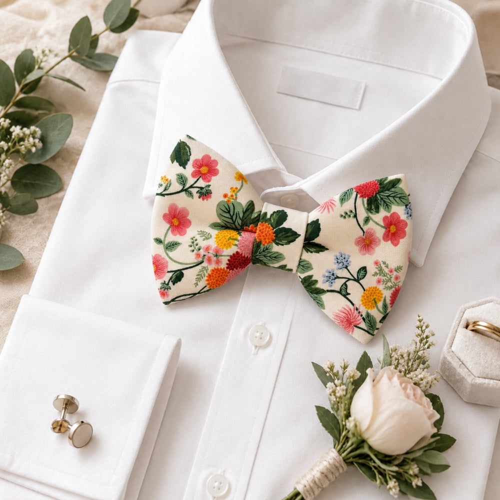 Floral Bowtie for Men, Toddlers and Boys, Garden Wedding Bowtie On a white dress shirt and groomsmen accessories.