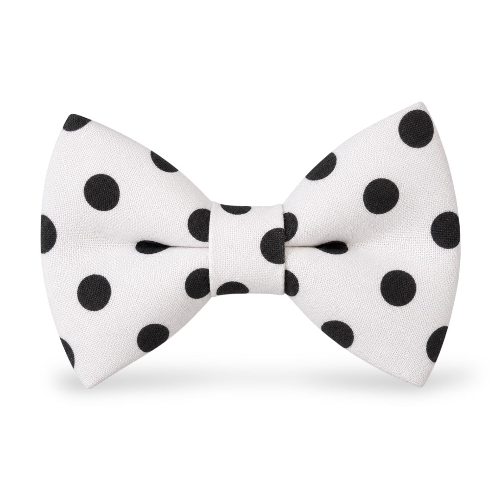 Polka dot bowtie for men boys and toddlers in white with black dots.