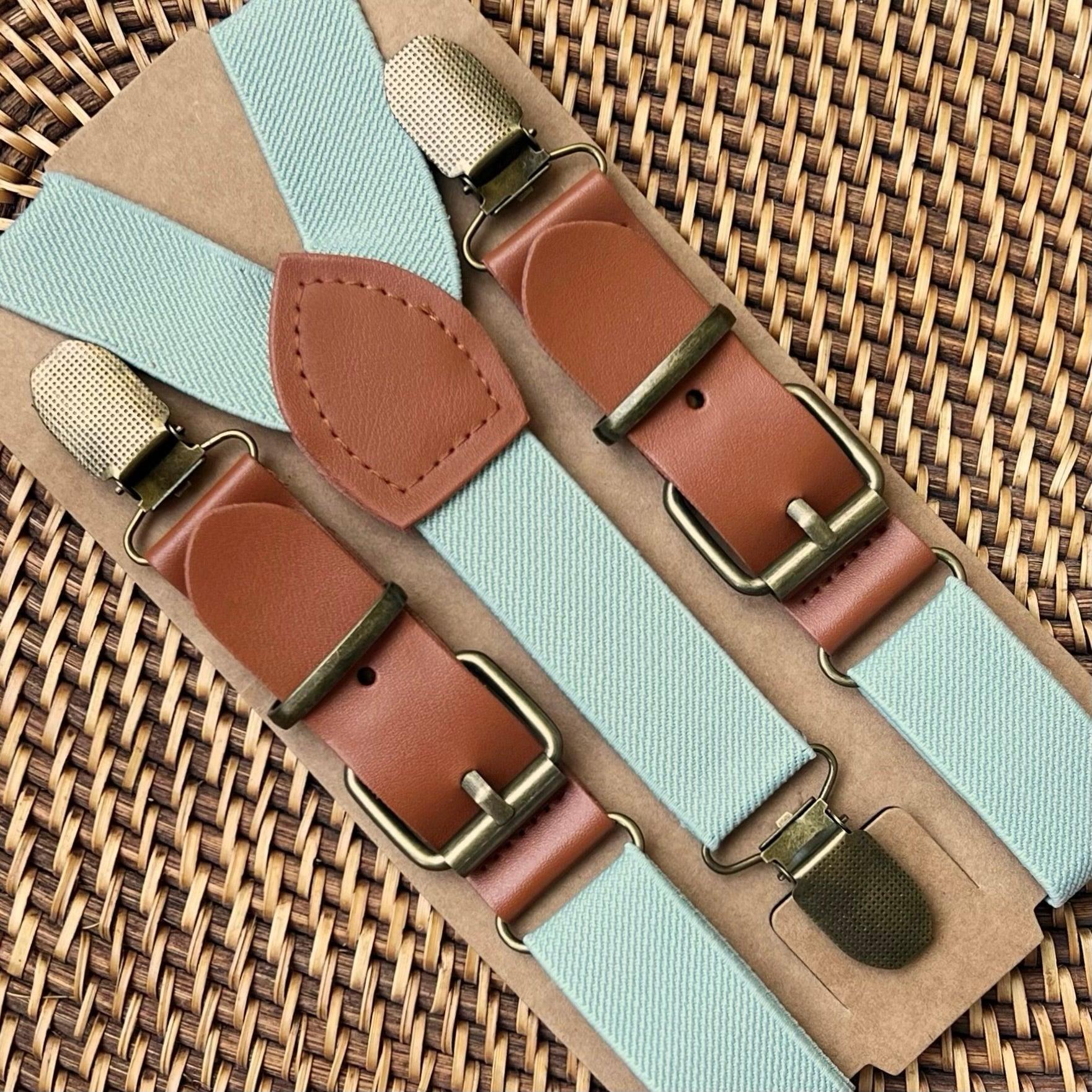 Sage green suspenders with faux leather buckles and bronze clips for men, toddlers and kids handmade in the USA and pre-tied, for wedding, groomsmen and ring bearer.