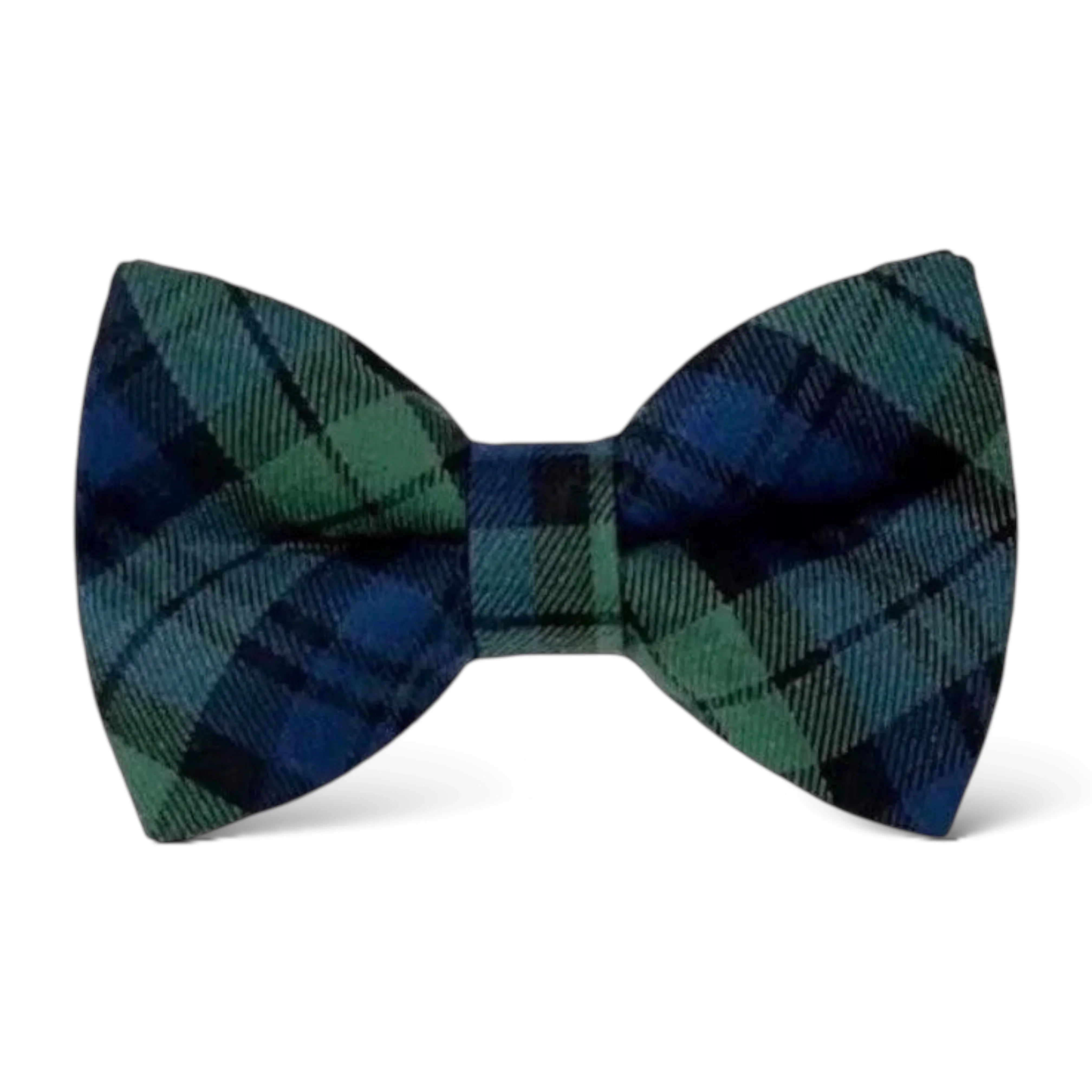 Plaid bow tie in navy and green.