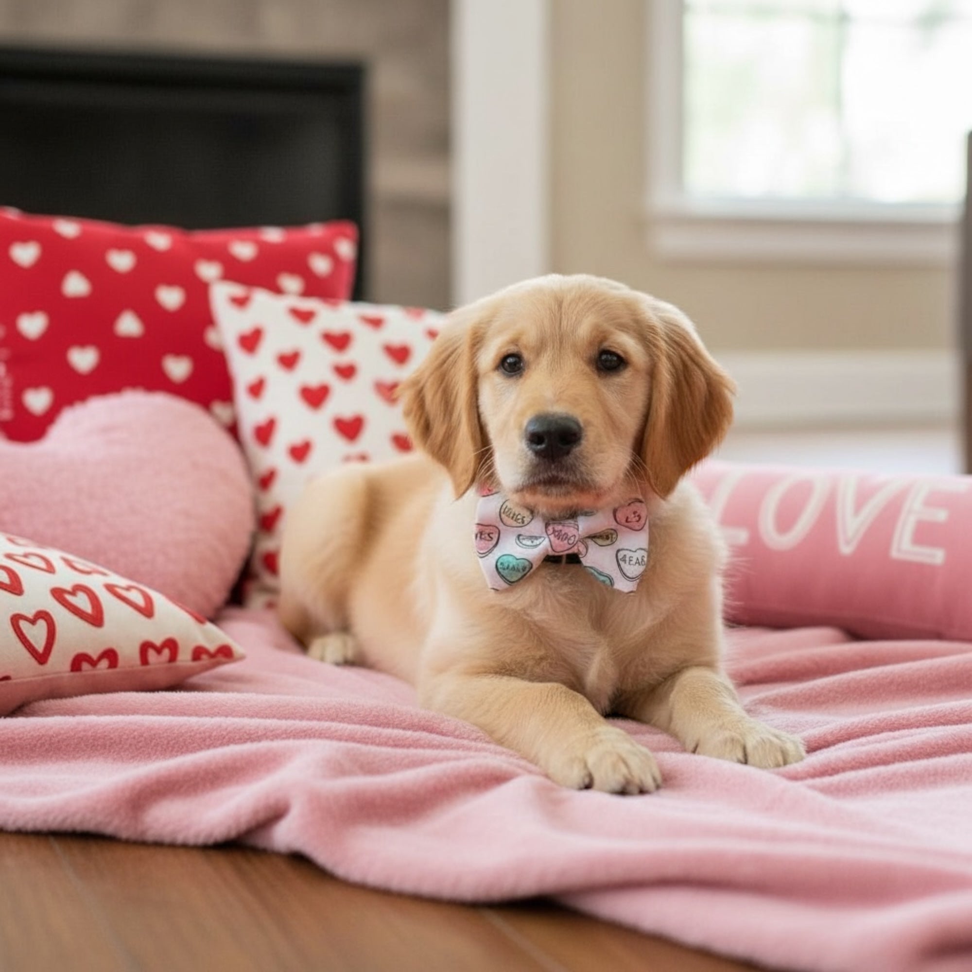 Pastel Convo Hearts Dog Bow Tie or Cat Bow Tie for Valentine’s Day