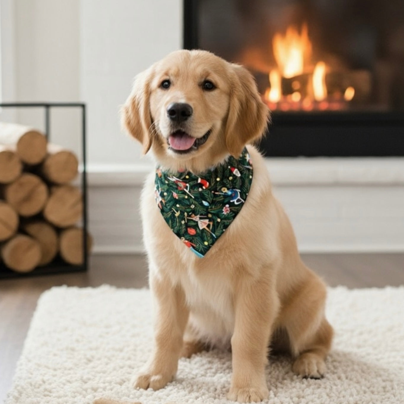 Dog wearing a Christmas bandana sitting on a rug in front of a fireplace.