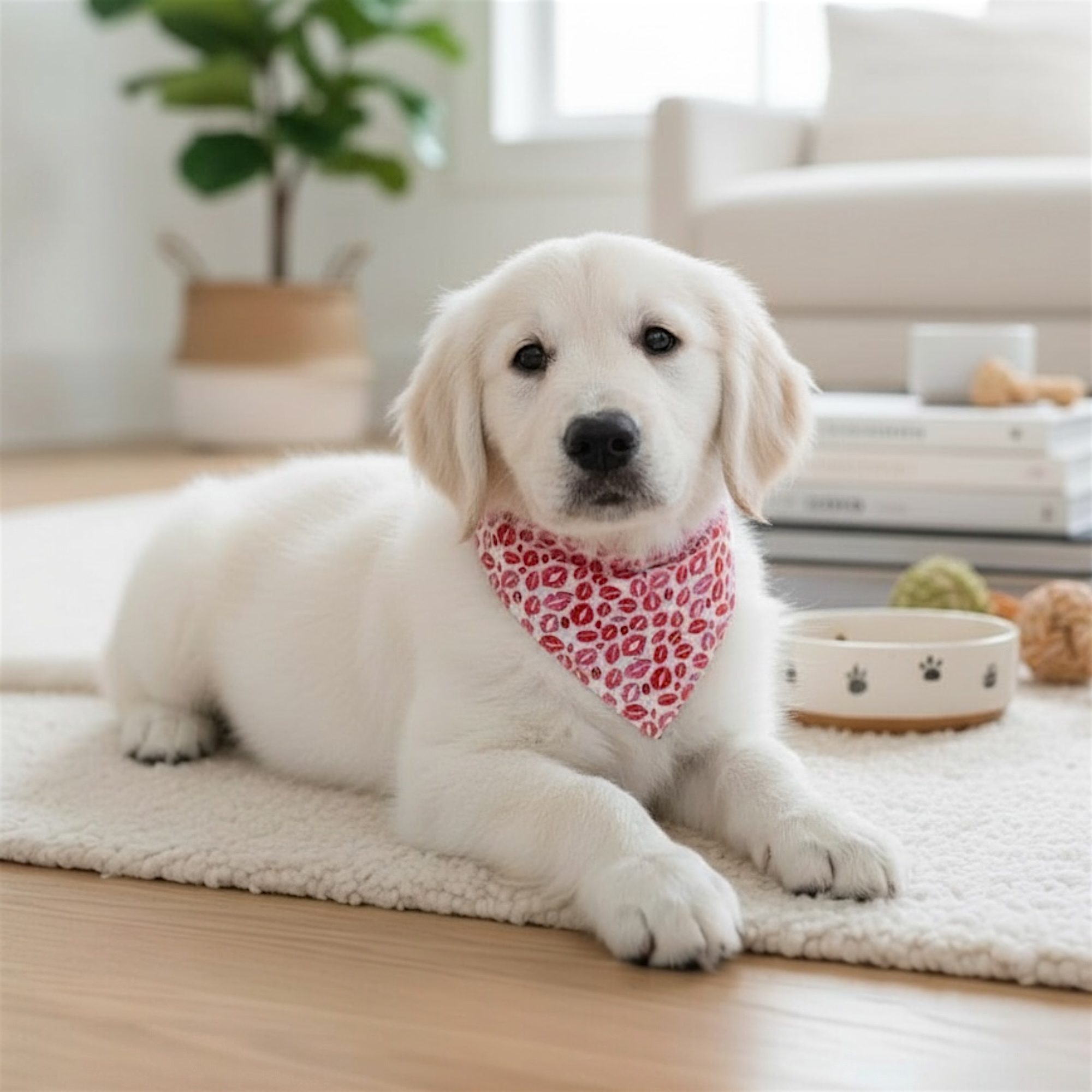White puppy wearing a red Valentine’s Day dog bandana with black patterns on a light-colored rug.