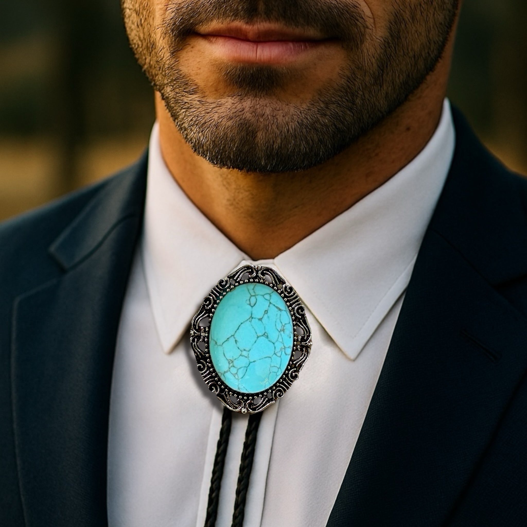 Man wearing a turquoise bolo tie with a blurred background
