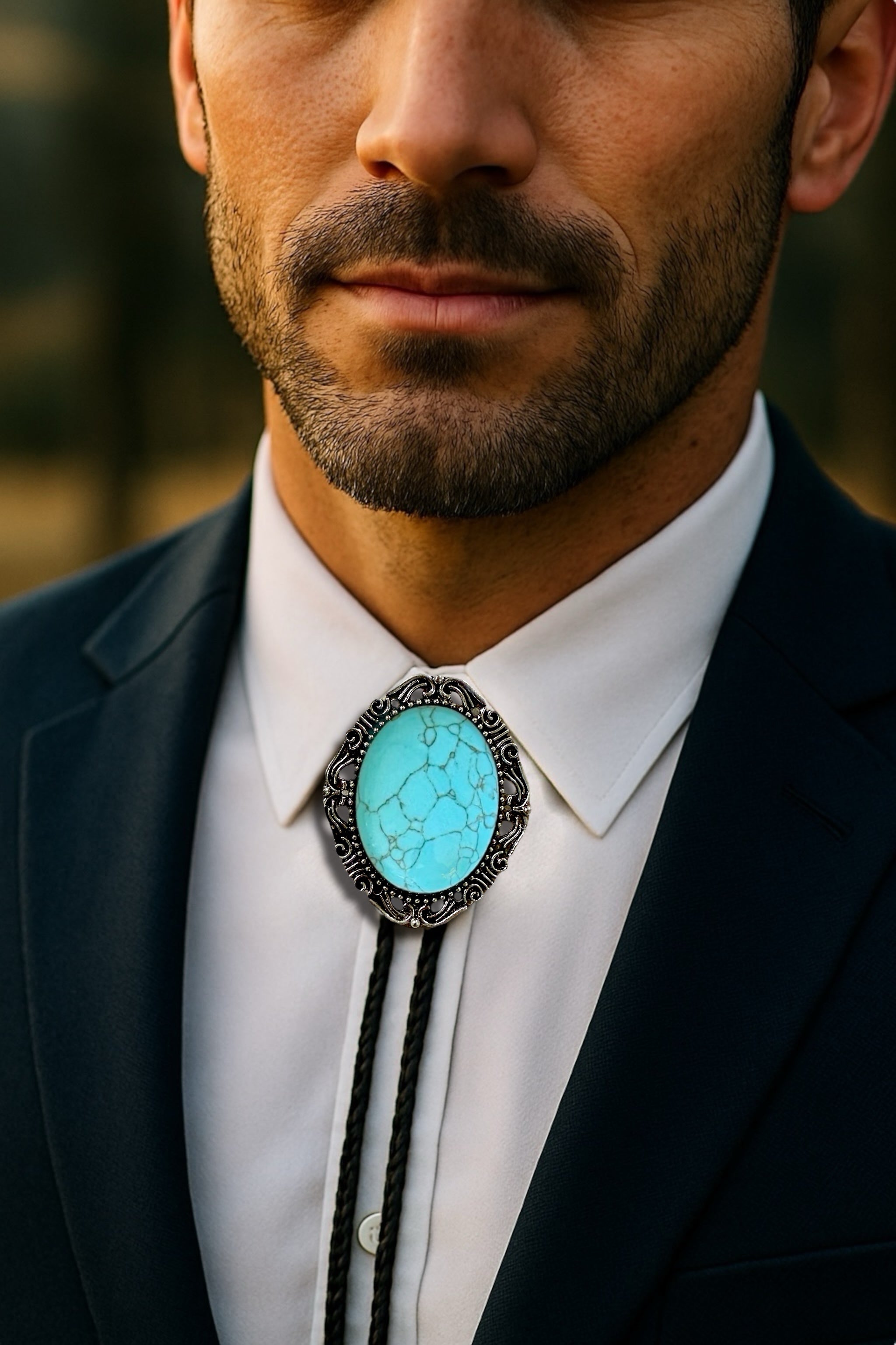 Man wearing a turquoise bolo tie with a blurred background
