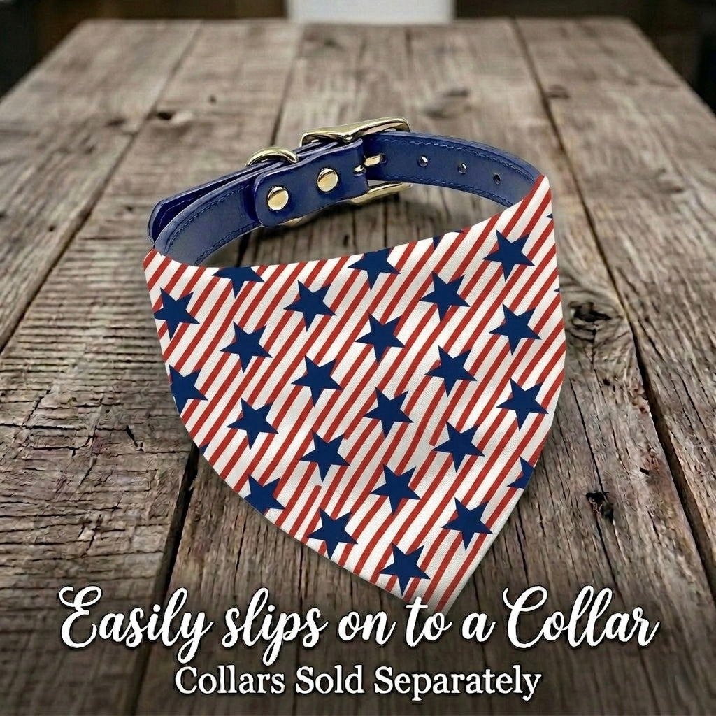 Fourth of July dog bandana shown on a blue dog collar (collar sold separately) with Stars and Stripes in red white and blue.