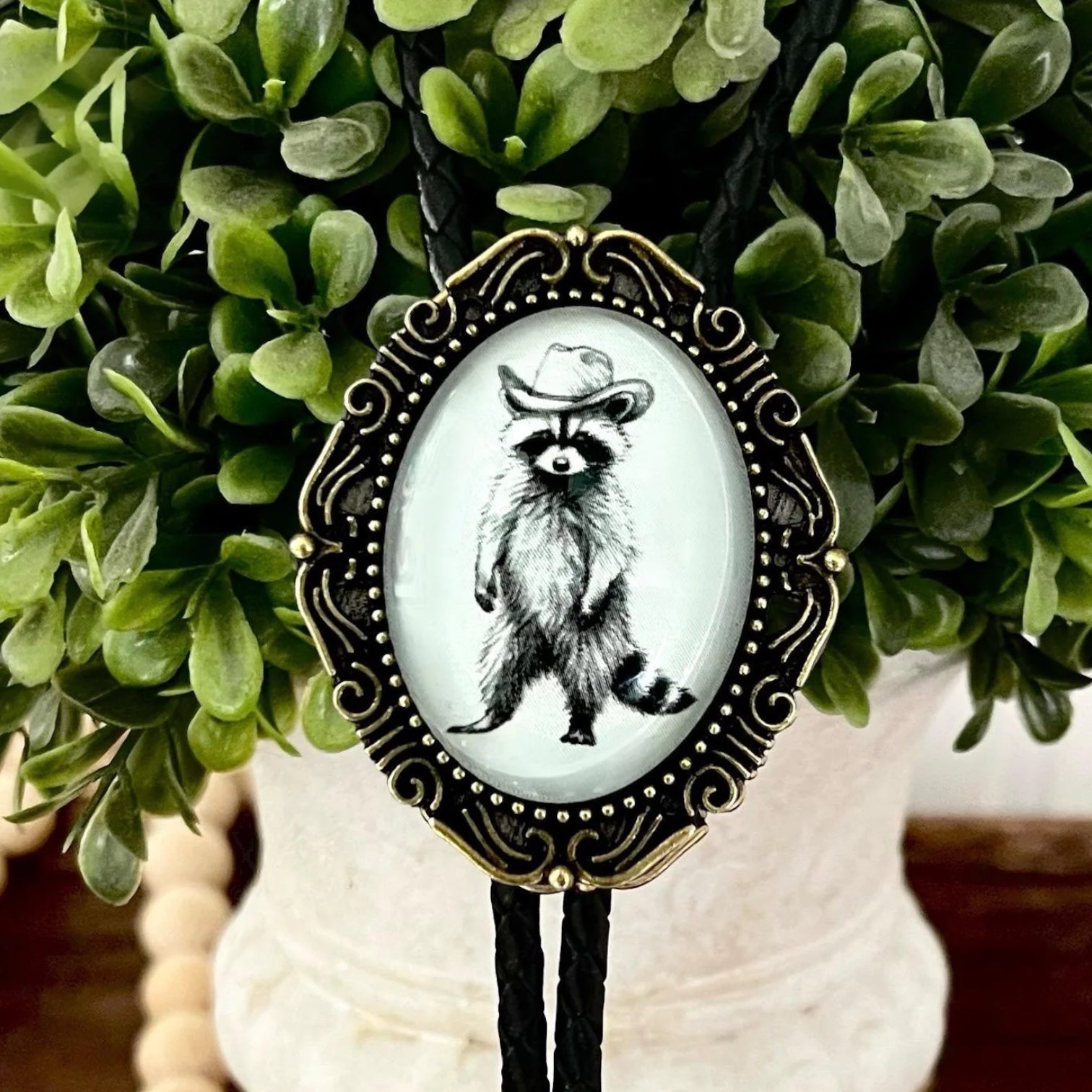 Bolo Tie with Raccoon- Black & Gray