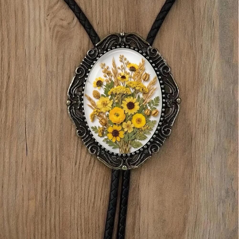 Sunflower bolo tie with leather.