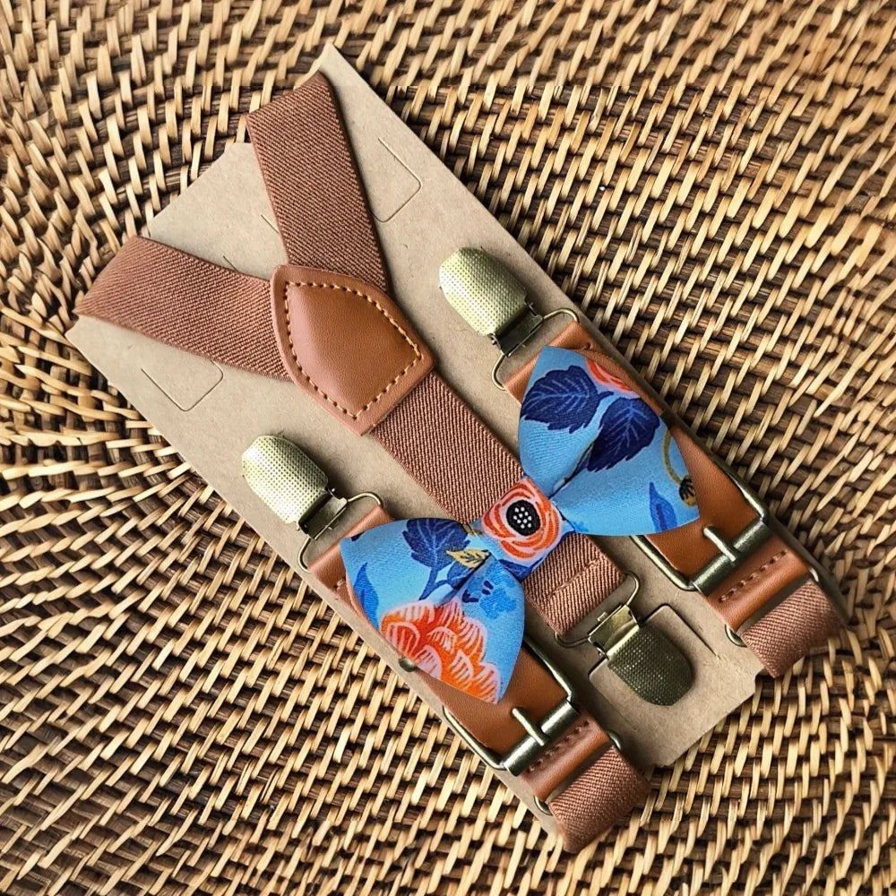 Size chart for suspender and bow tie sets from The Bold Bow Tie. X-Small (6mo-4yr): 15"-23" suspenders, 3.5" bow. Small (5-9yr): 18"-33" suspenders, 3.5" bow. Medium (10-12yr): 18"-33" suspenders, 4" bow. Adult (13yr-6'5"): 30"-53" suspenders, 4.5" bow. Big & Tall (Over 6'5"): 53"+ suspenders, 4.5" bow. Instructions note to measure from the back waistband over the shoulder to the front waistband for a comfortable fit.