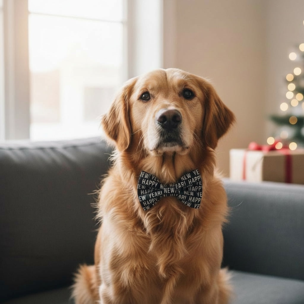Dog wearing a New Year's dog bow tie sitting on a couch waiting for New Years Eve with a Christmas tree in the background