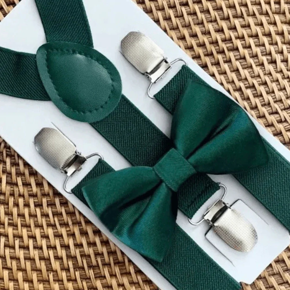 Green bow tie and suspenders for men boys and toddlers.