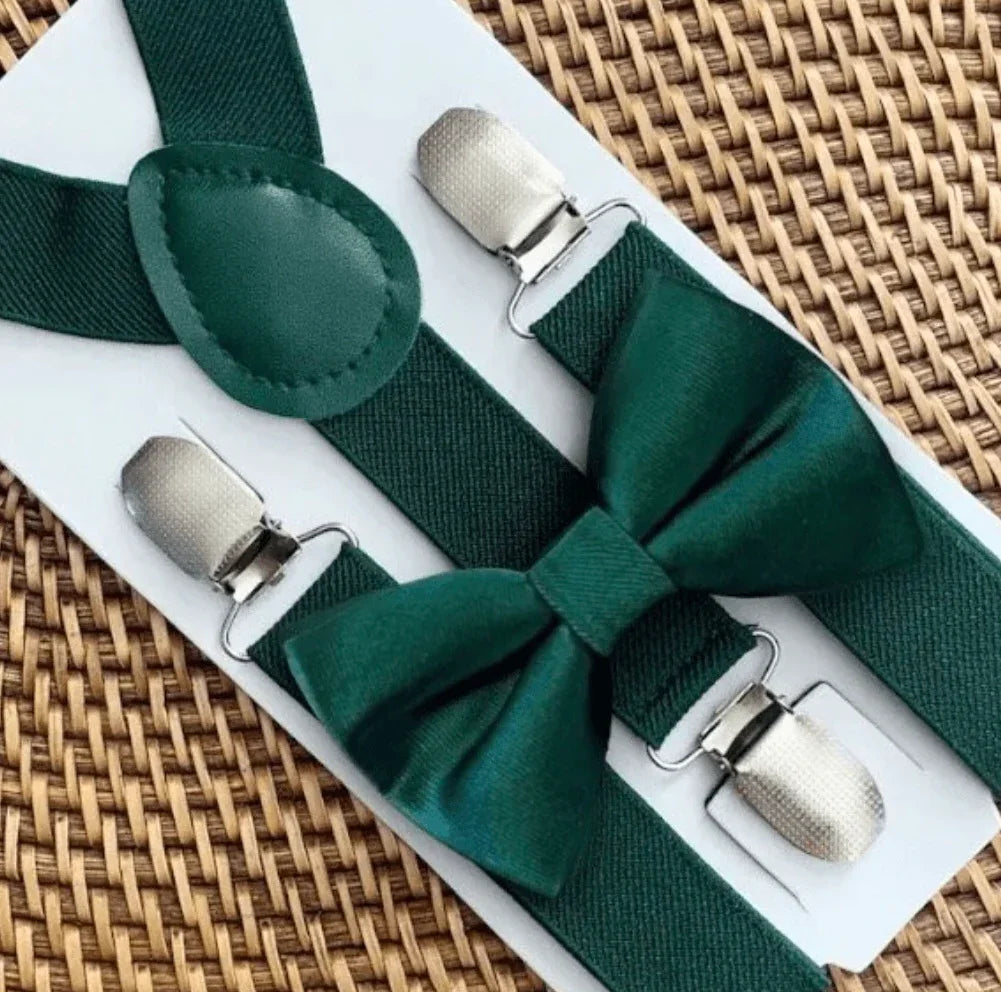 Green bow tie and suspenders for men boys and toddlers.