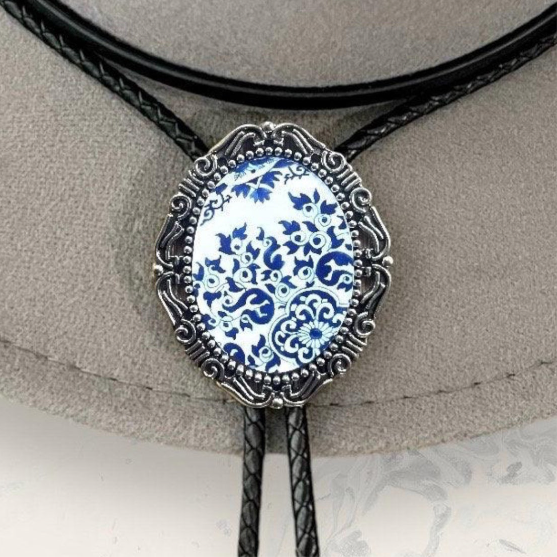 Silver French Blue Floral Bolo Tie- Cowboy String Tie