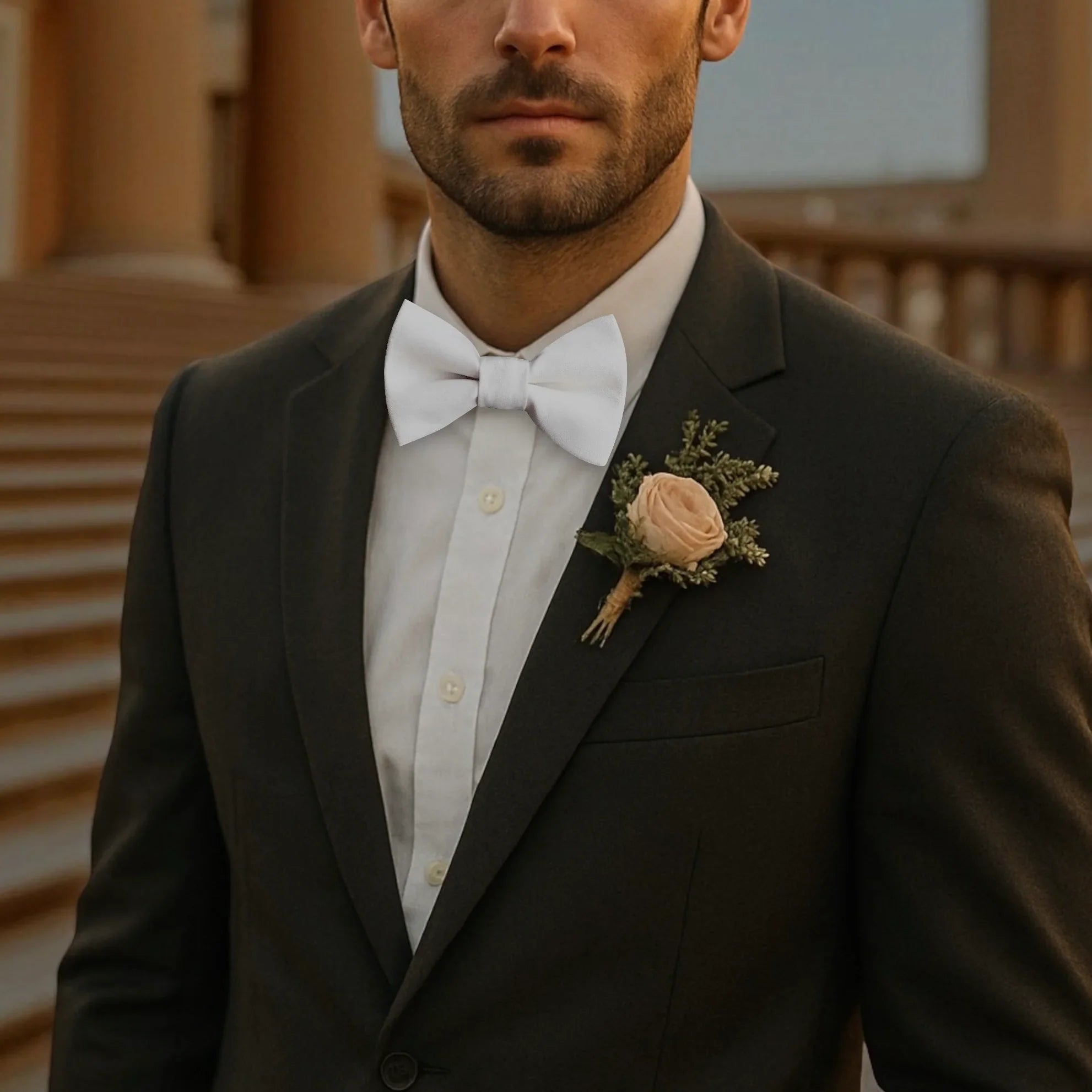 White bow tie worn by a man in a suit at a wedding.