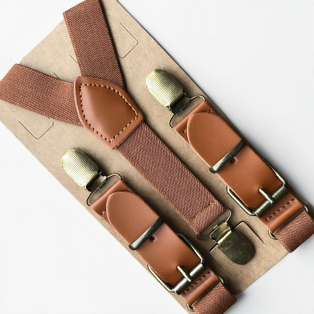 Brown suspenders for men and women for groomsmen wedding accessories, boys bow ties, toddler bowties, and formal events.