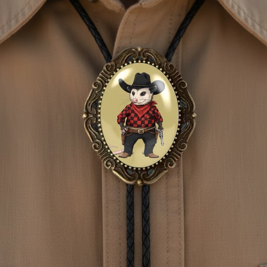 Opossum bolo tie with a skull wearing a cowboy hat and red plaid shirt on a beige shirt background