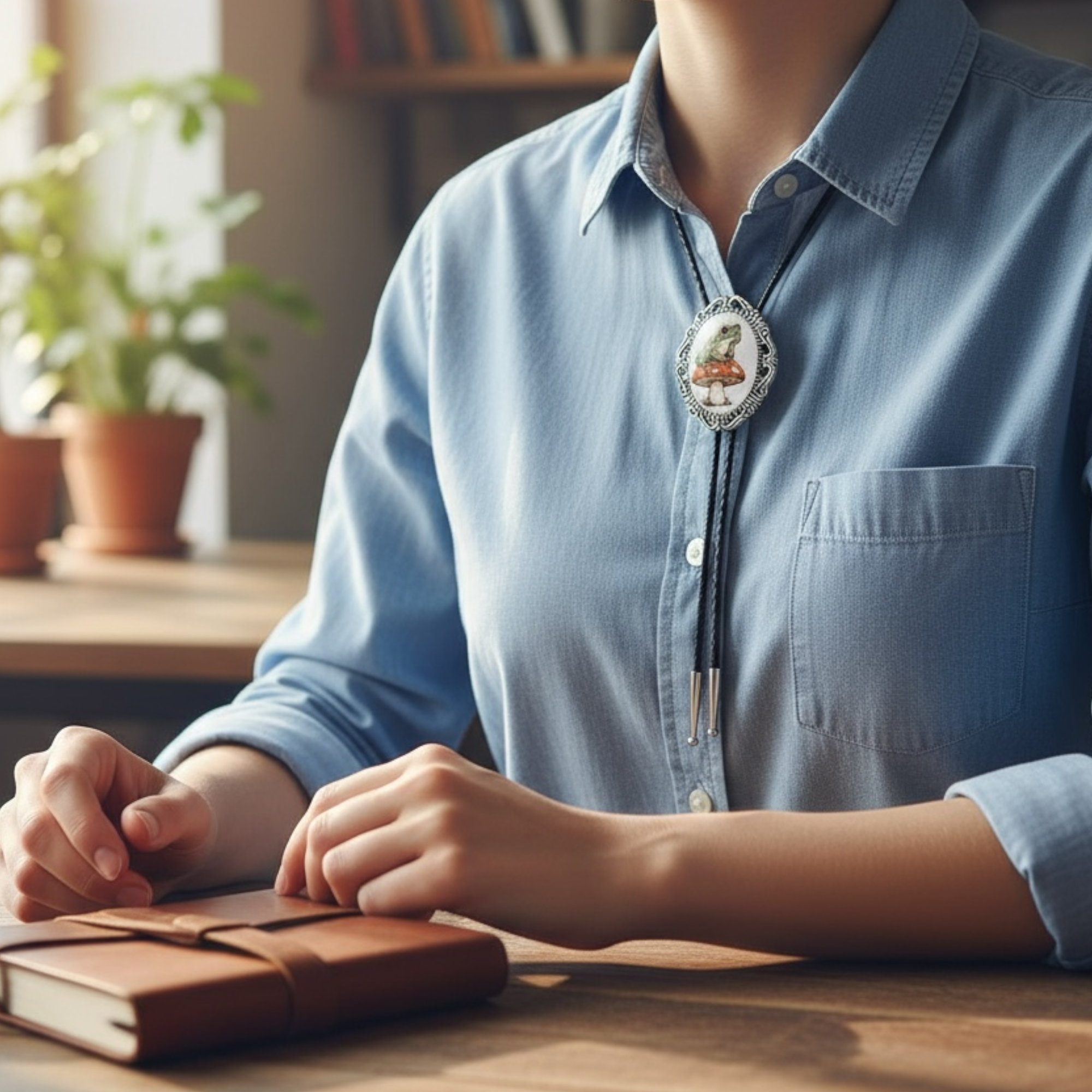 Person wearing a blue shirt with a frog bolo tie sitting at a table with a notebook.