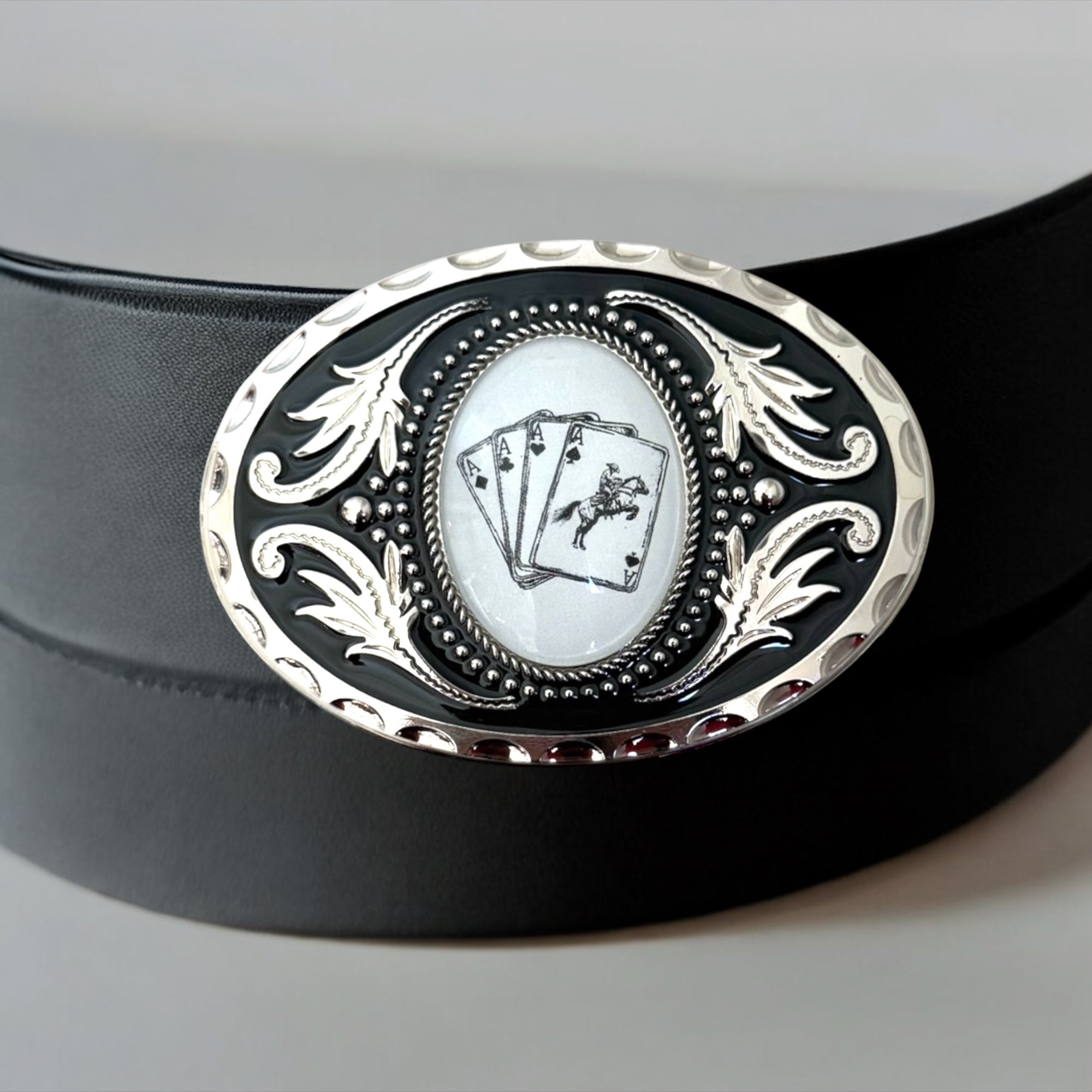 Deck of Cards Belt Buckle Western Cowboy Accessory displayed on a black leather belt