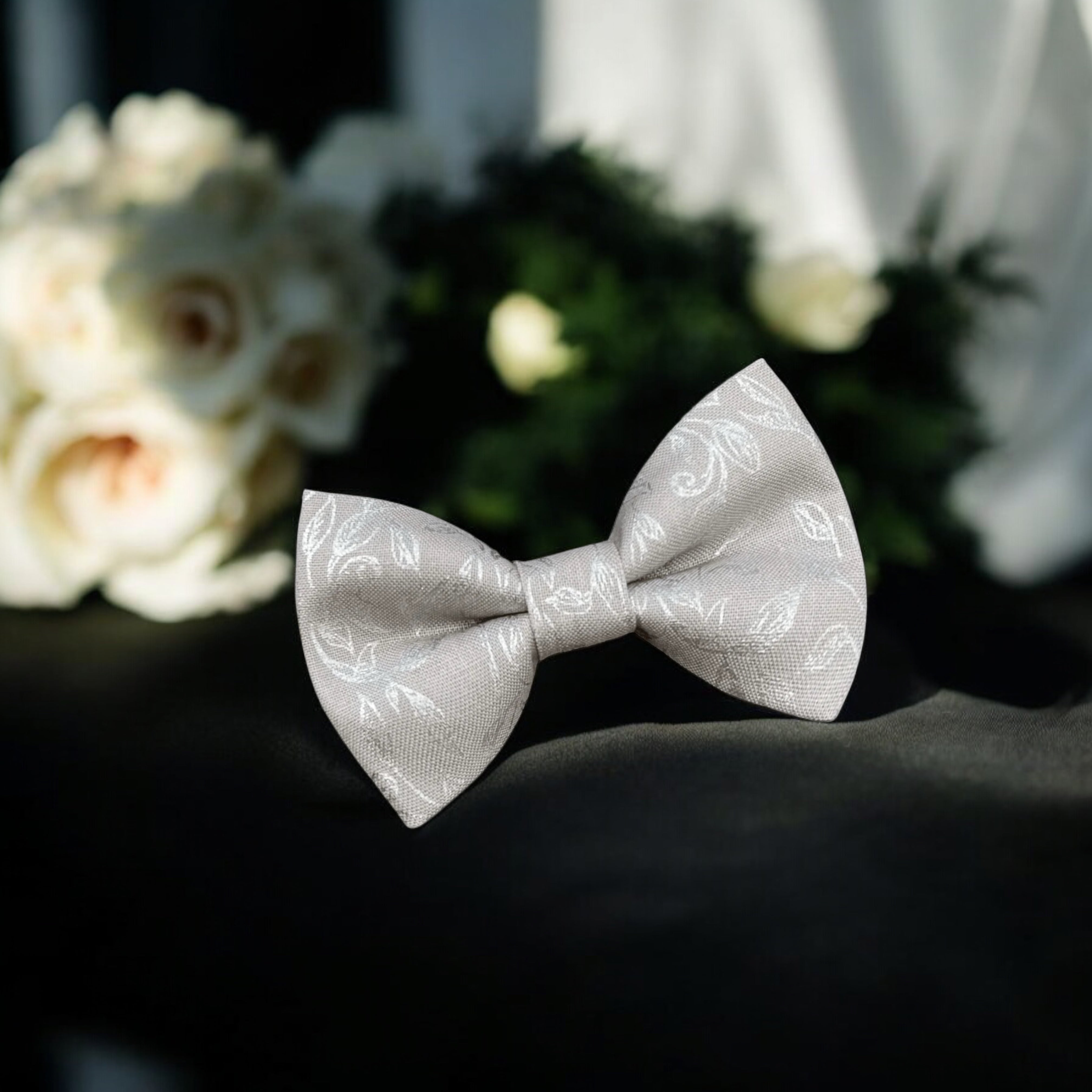 Floral Silver Bow Tie- for Wedding Groomsmen and Ring Bearers