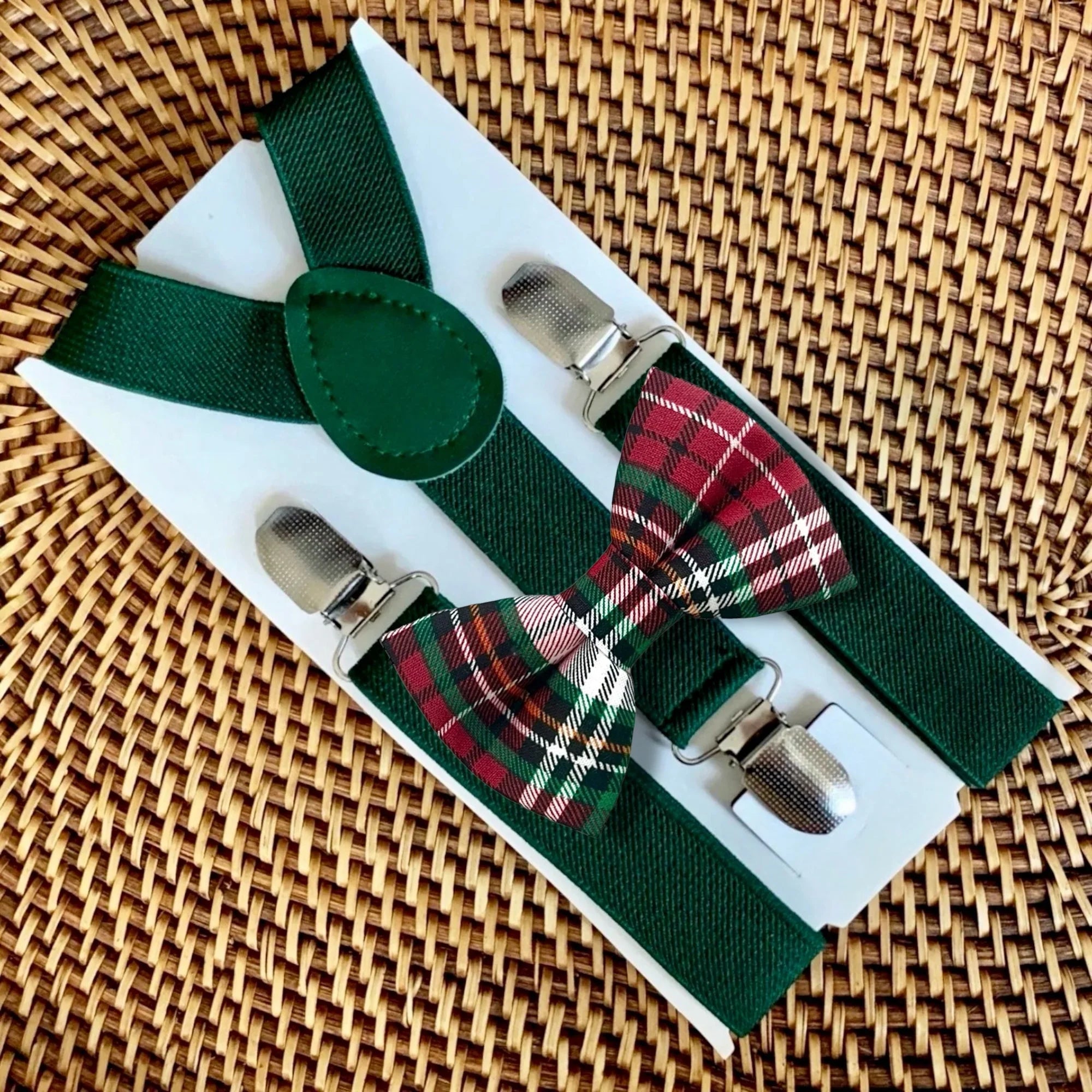 Christmas bow tie and suspenders in red and green.