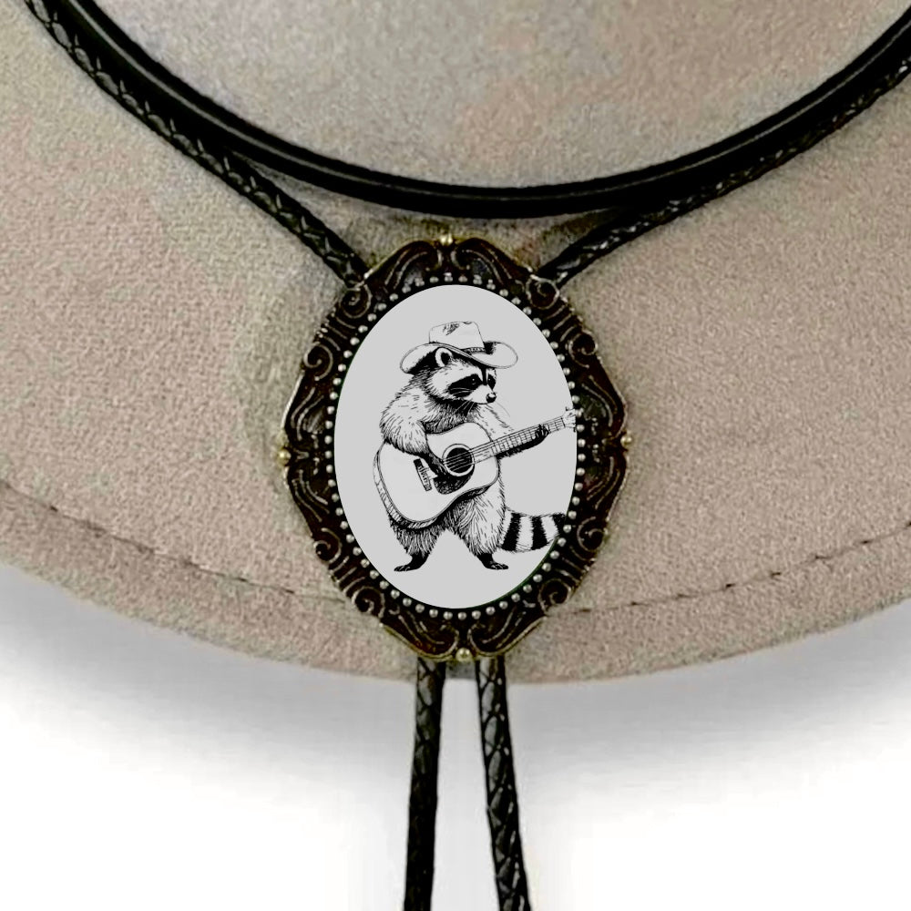 Bolo Tie with Western Raccoon Playing Guitar on gray cowboy hat