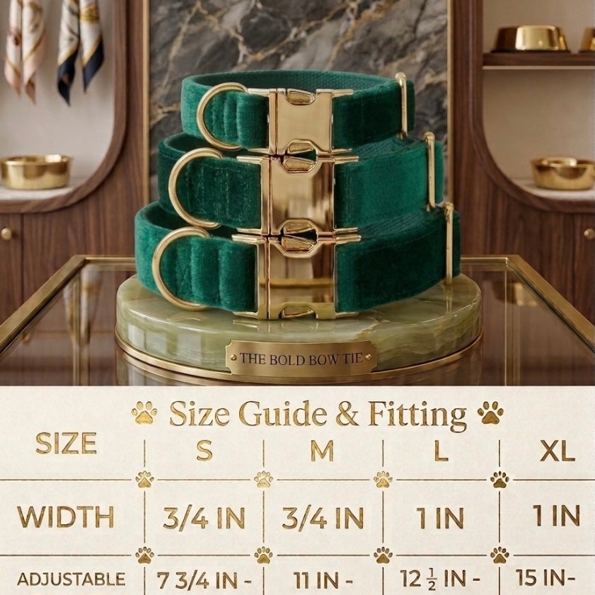 Velvet dog collars with gold buckle hardware arranged above a sizing chart. The chart details four sizes: Small has a width of 3/4 inch and an adjustable length of 7 3/4 to 11 3/4 inches. Medium has a width of 3/4 inch and an adjustable length of 11 to 18 3/4 inches. Large has a width of 1 inch and an adjustable length of 12 1/2 to 21 1/2 inches. Extra Large has a width of 1 inch and an adjustable length of 15 to 23 1/2 inches