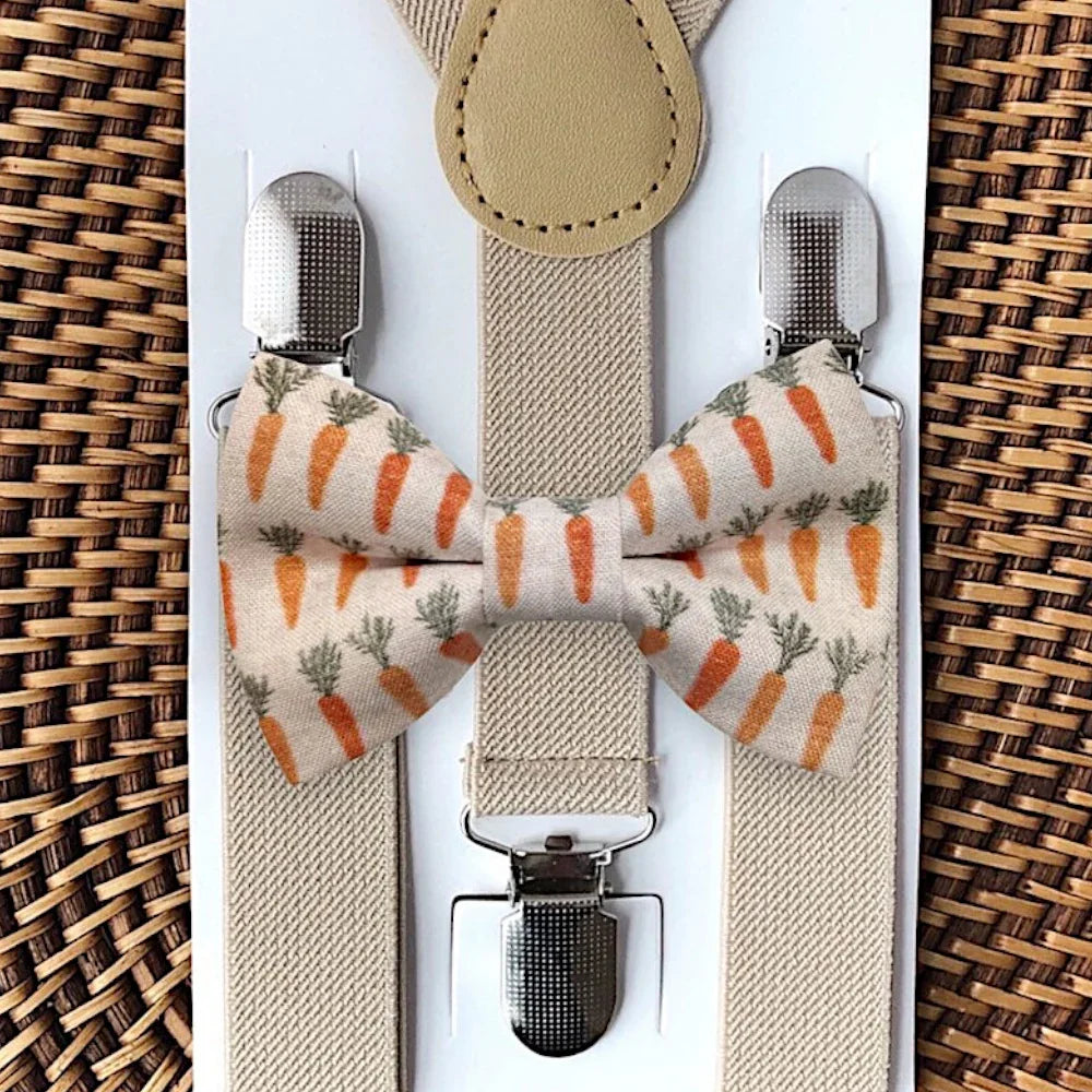 Size chart for suspender and bow tie sets from The Bold Bow Tie. Small (6mo-6yr): 18"-29" suspenders, 3.5" bow. Medium (7-12yr): 25.5"-40" suspenders, 4" bow. Adult (13yr-6ft tall): 25.5"-40" suspenders, 4.5" bow. Big & Tall (Over 6ft tall): 31"-53" suspenders, 4.5" bow. Instructions note to measure from the back waistband over the shoulder to the front waistband for a comfortable fit.